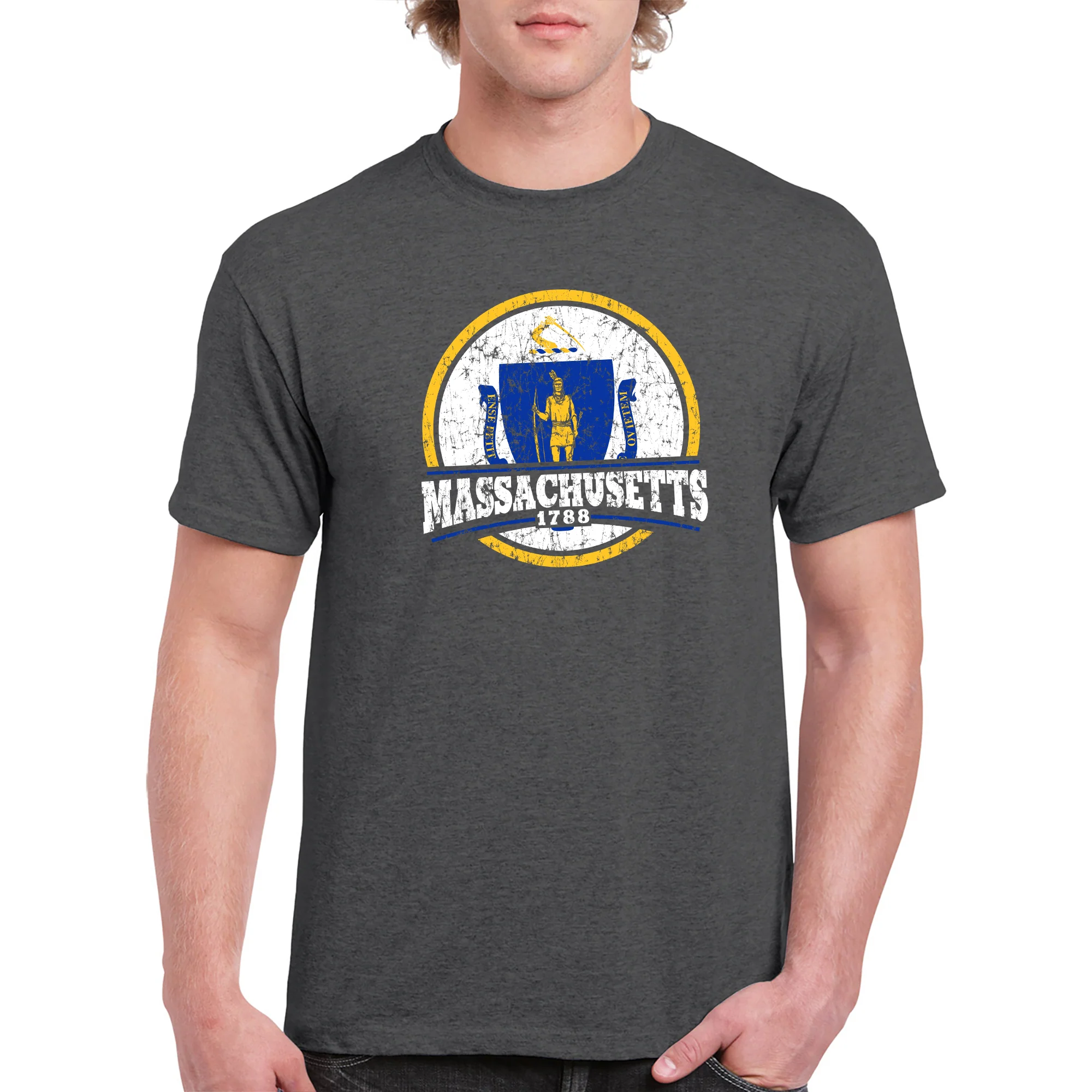 Massachusetts Distressed Circle T-Shirt - Dark Heather - Image 3