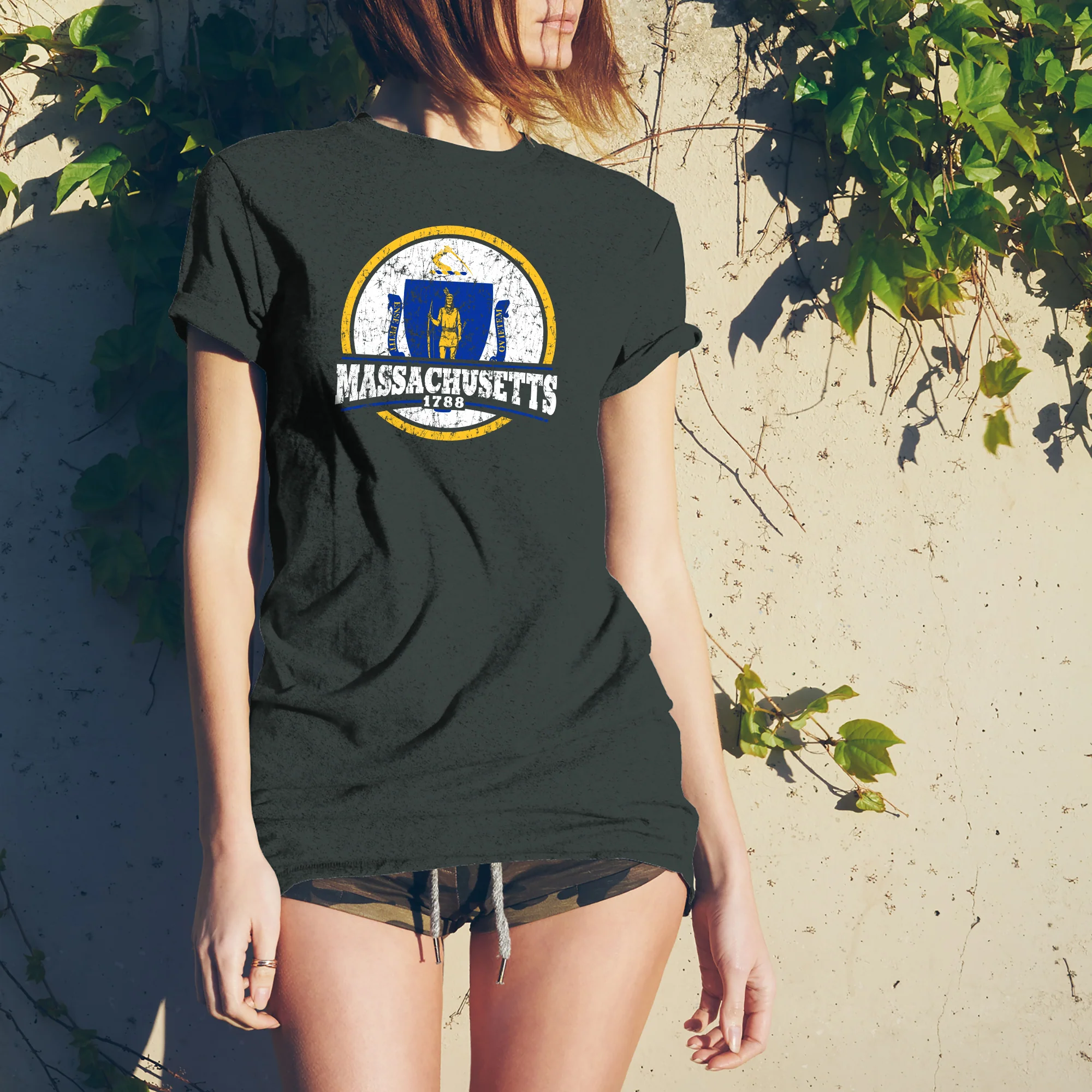 Massachusetts Distressed Circle T-Shirt - Dark Heather - Image 4