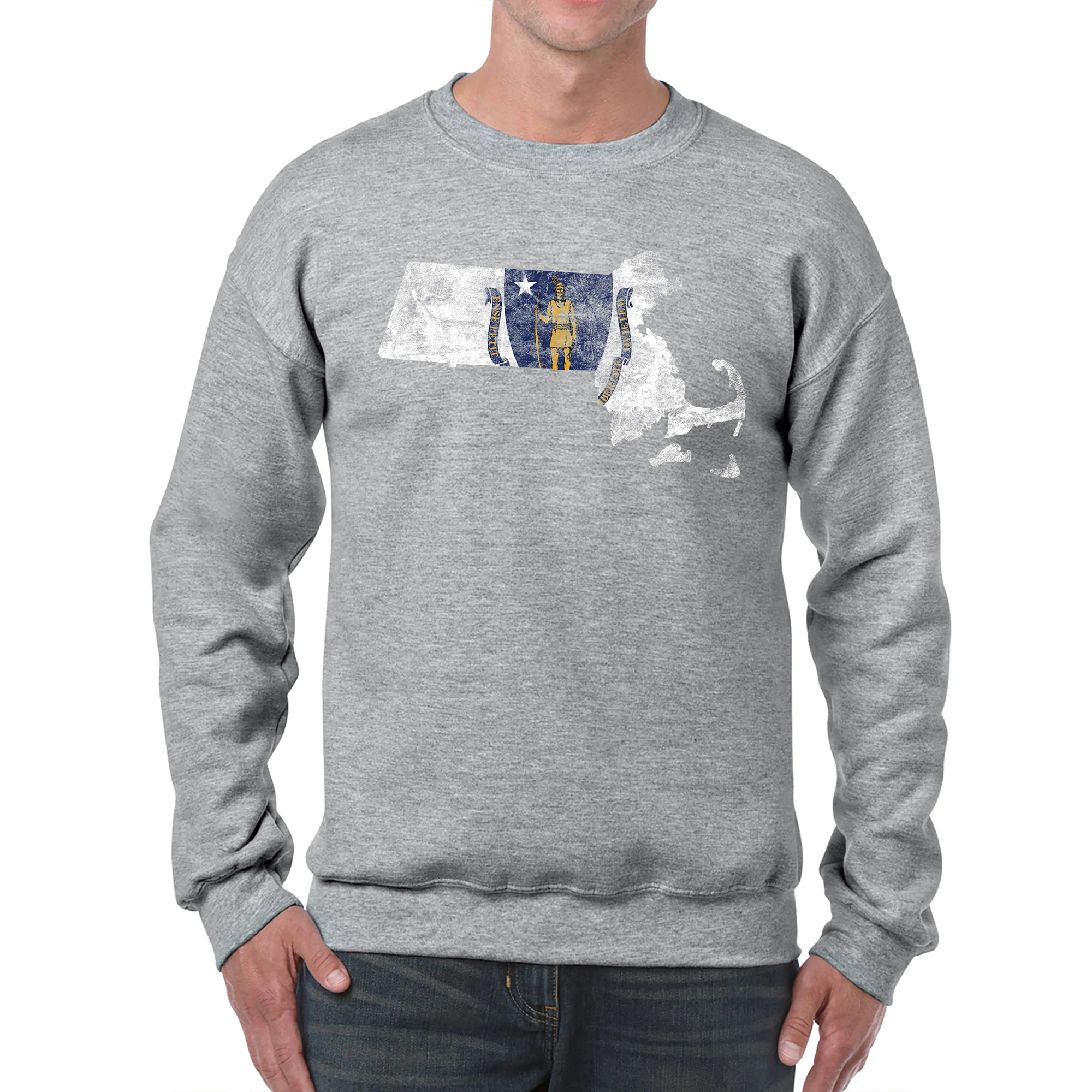 Massachusetts Distressed State Flag Outline Crewneck Sweatshirt - Sport Grey - Image 3