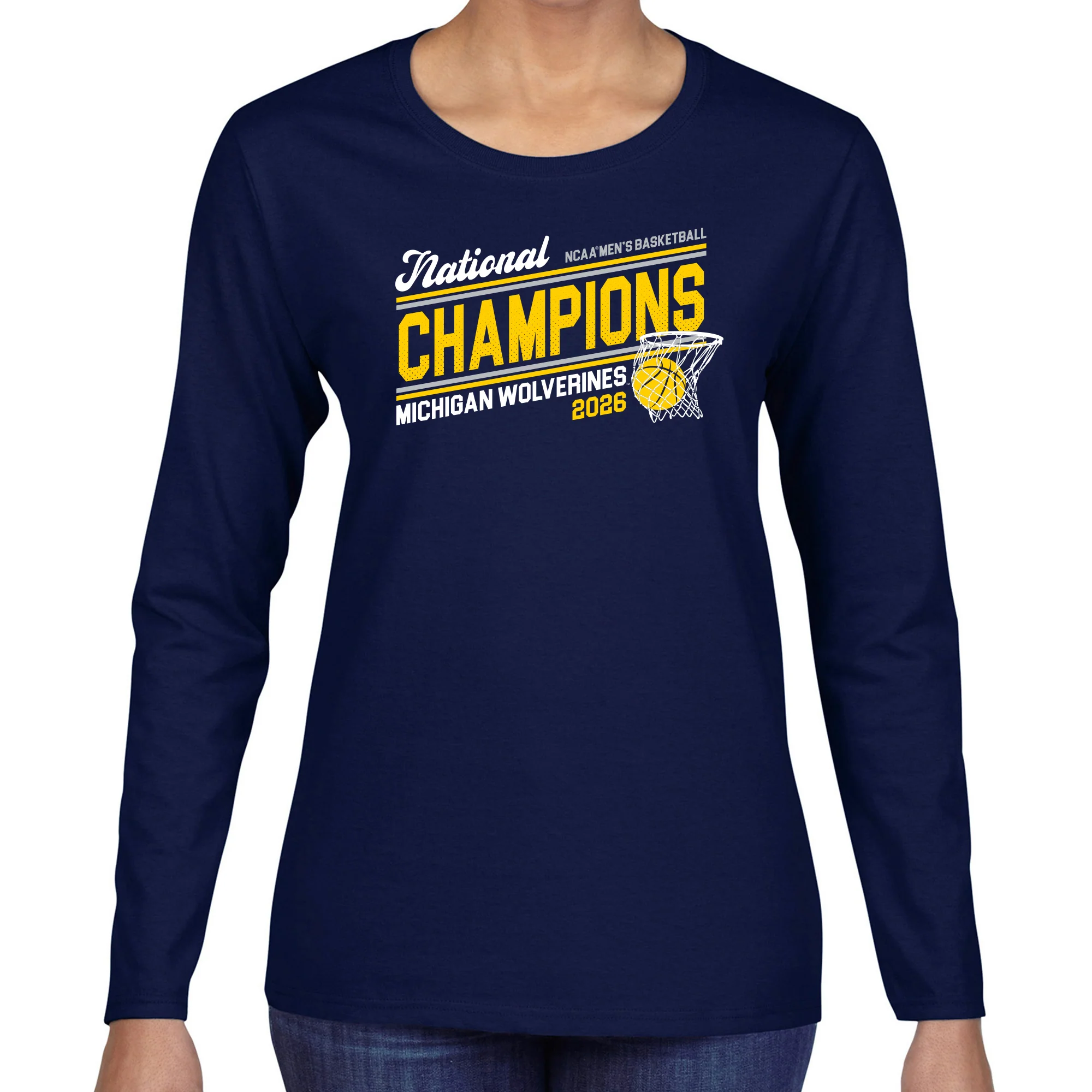 Michigan 2026 Basketball National Champions Action Play Womens Long Sleeve - Navy - Image 3