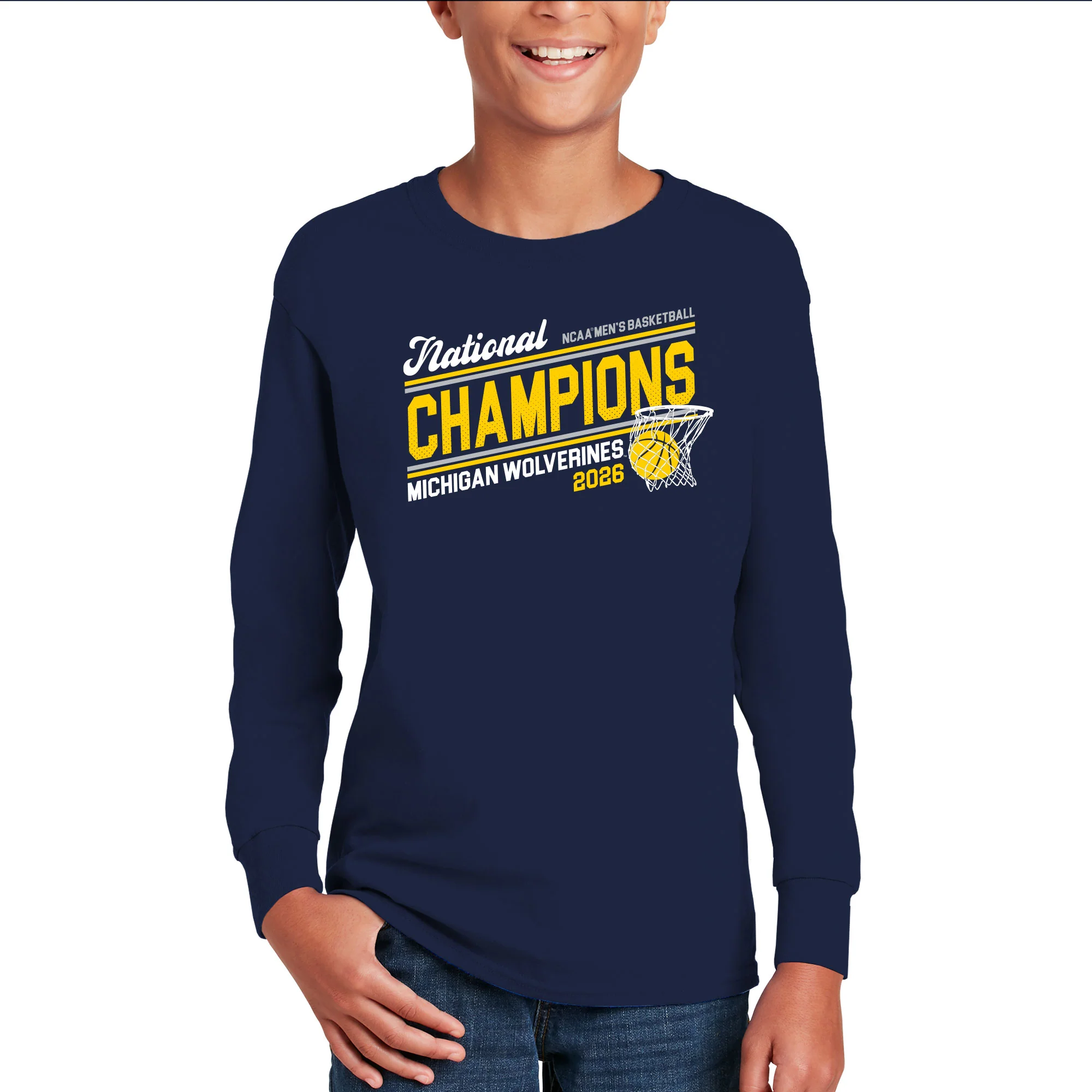 Michigan 2026 Basketball National Champions Action Play Youth Long Sleeve - Navy - Image 3