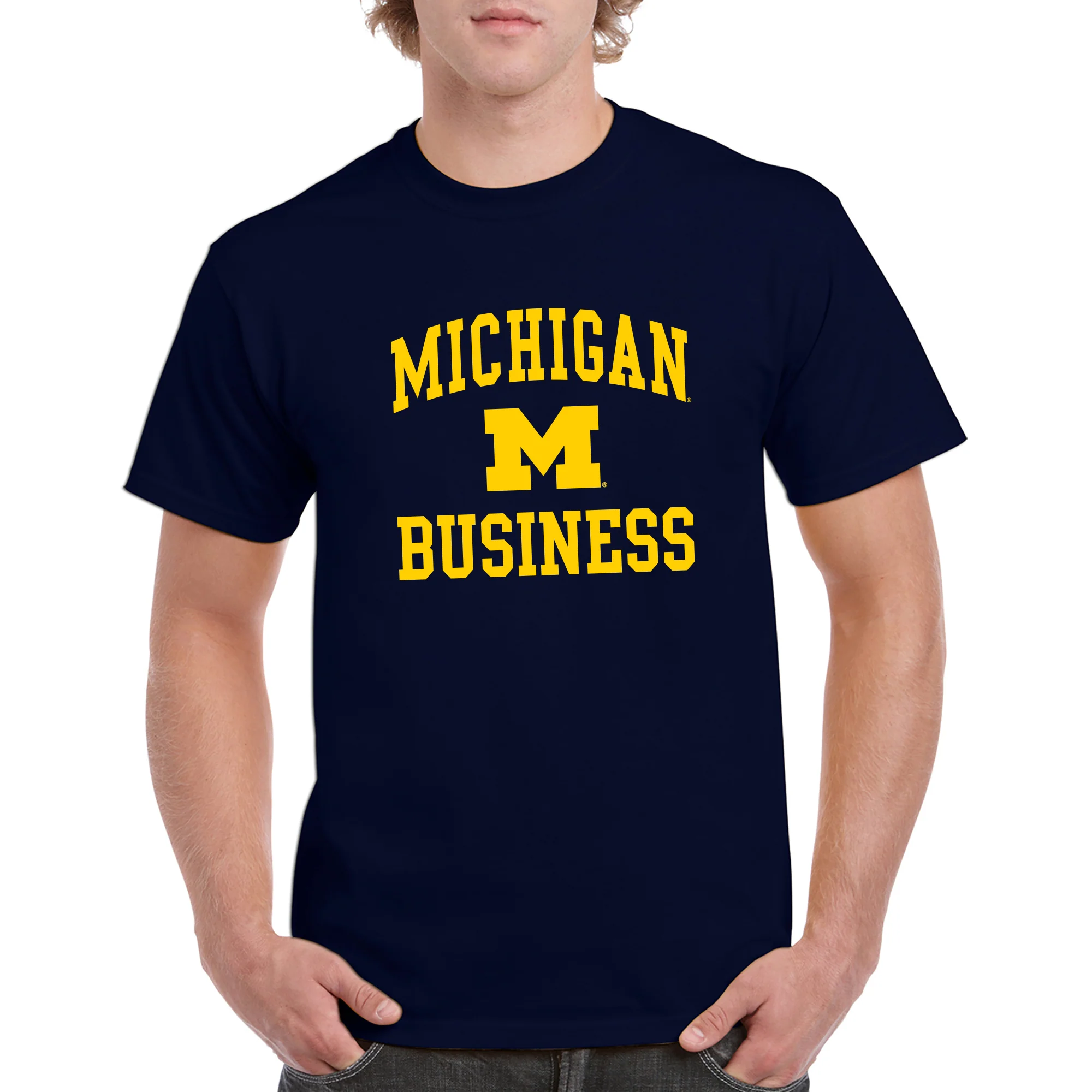 Arch Logo Business University of Michigan Basic Cotton Short Sleeve T-Shirt - Navy - Image 3