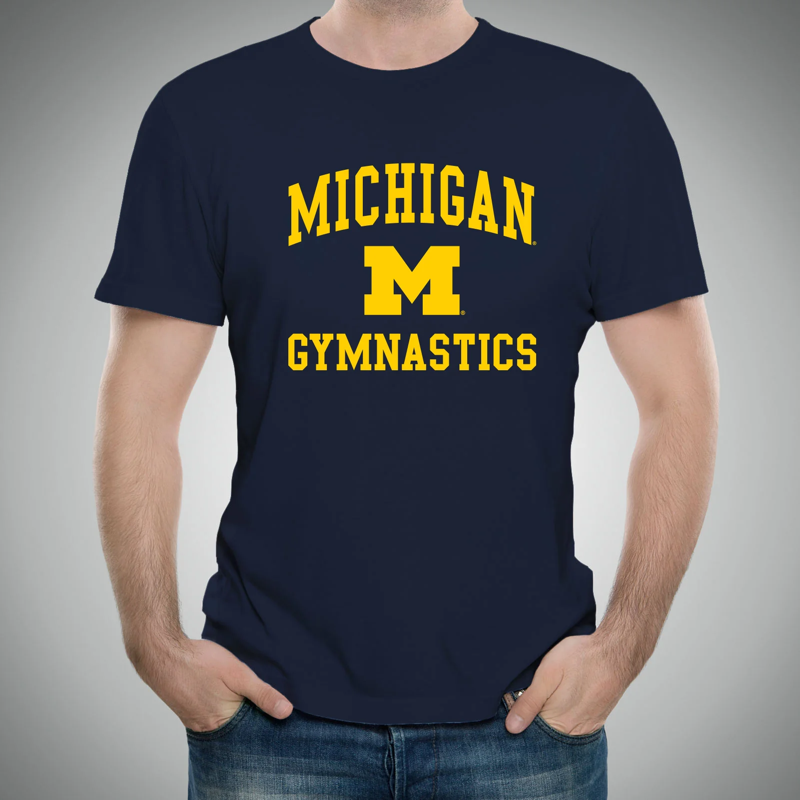Arch Logo Gymnastics University of Michigan Basic Cotton Short Sleeve T Shirt - Navy - Image 3