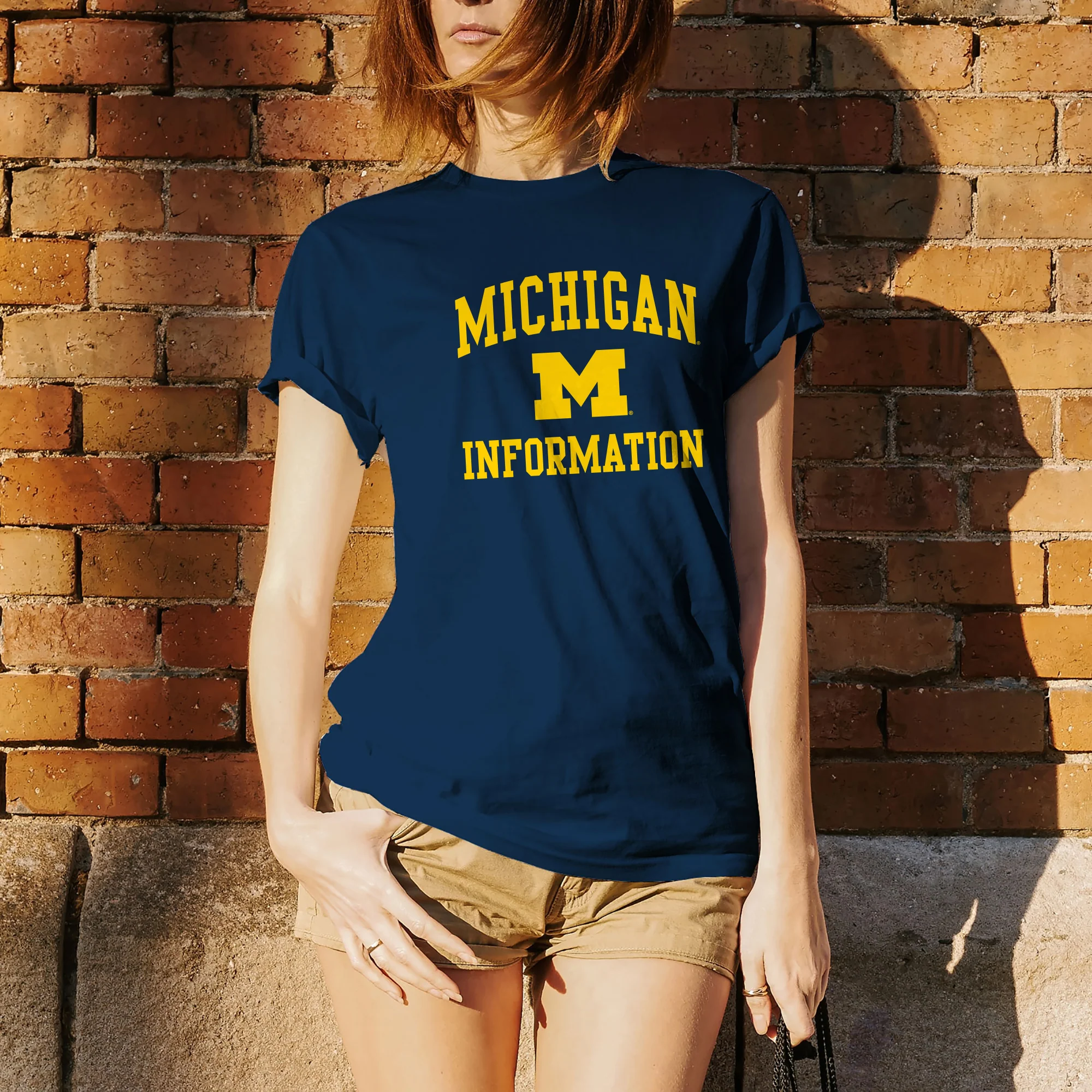 Arch Logo Information University of Michigan Basic Cotton Short Sleeve T-Shirt - Navy - Image 4