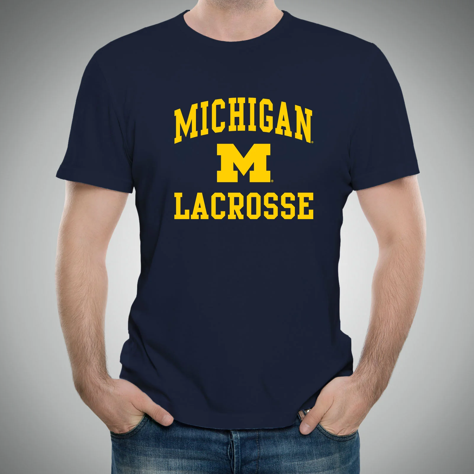 Arch Logo Lacrosse University of Michigan Basic Cotton Short Sleeve T Shirt - Navy - Image 3