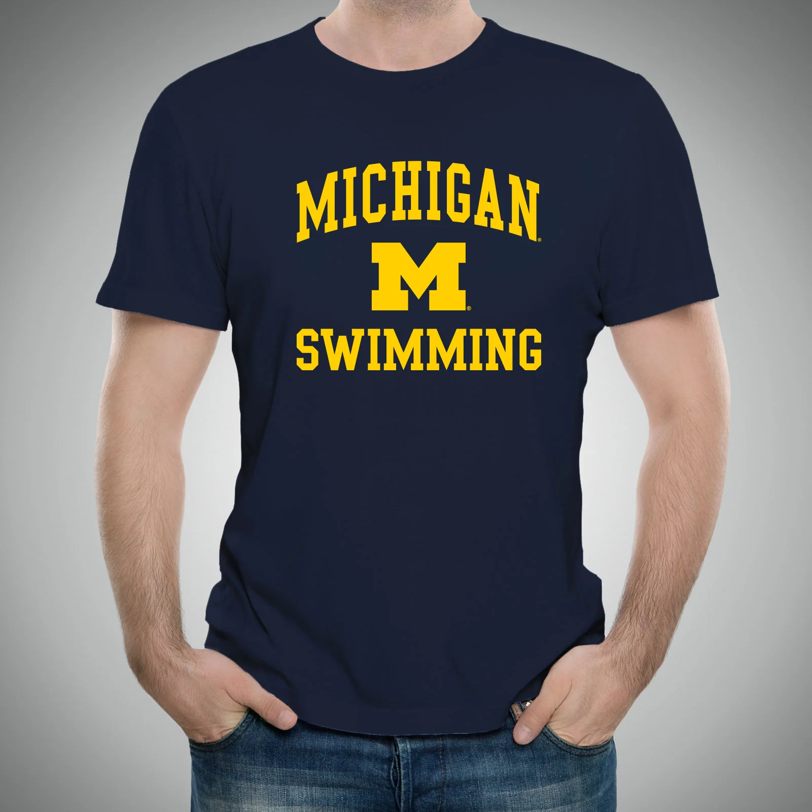 Arch Logo Swimming University of Michigan Basic Cotton Short Sleeve T Shirt - Navy - Image 3