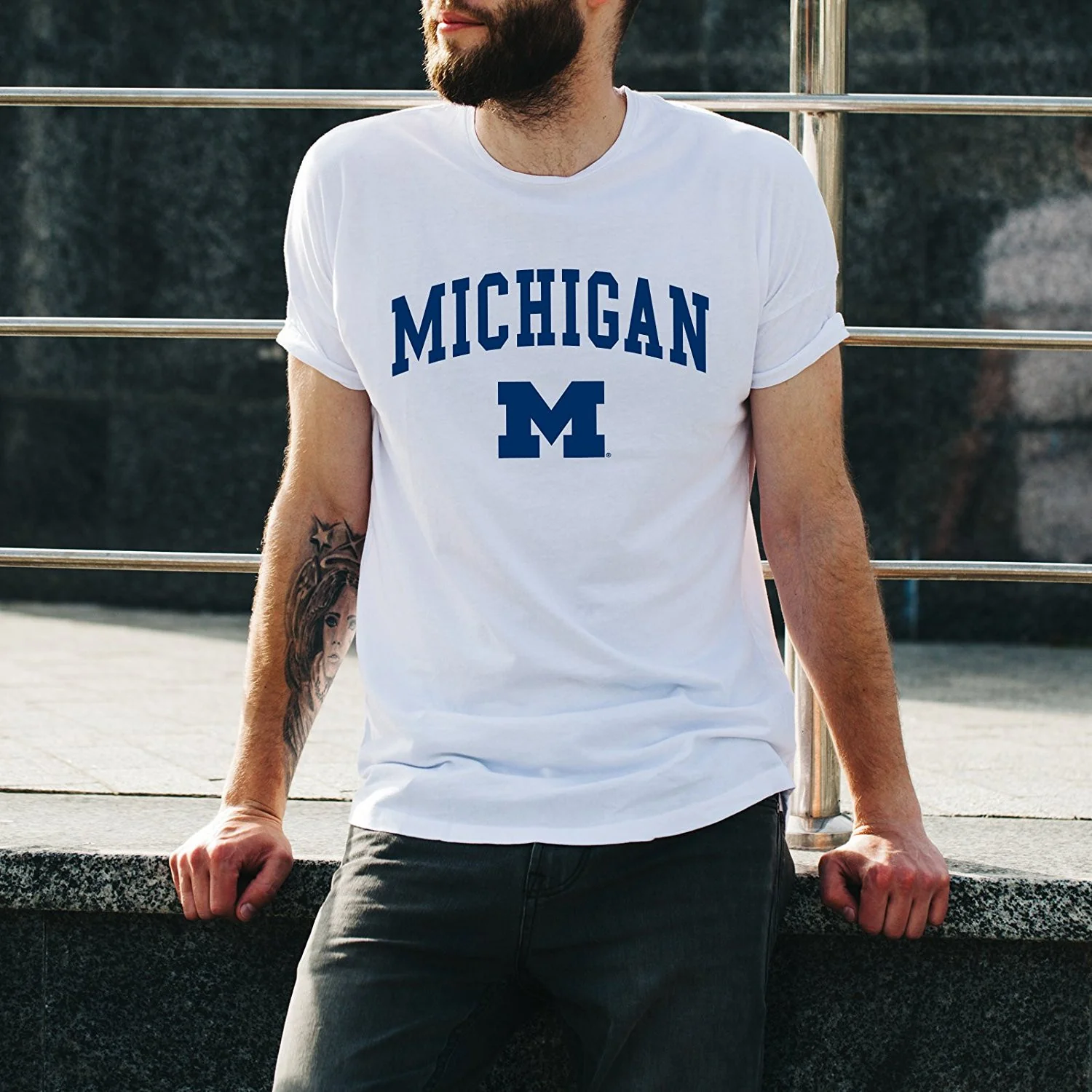 Arch Logo University of Michigan Basic Cotton Short Sleeve T Shirt - White - Image 3