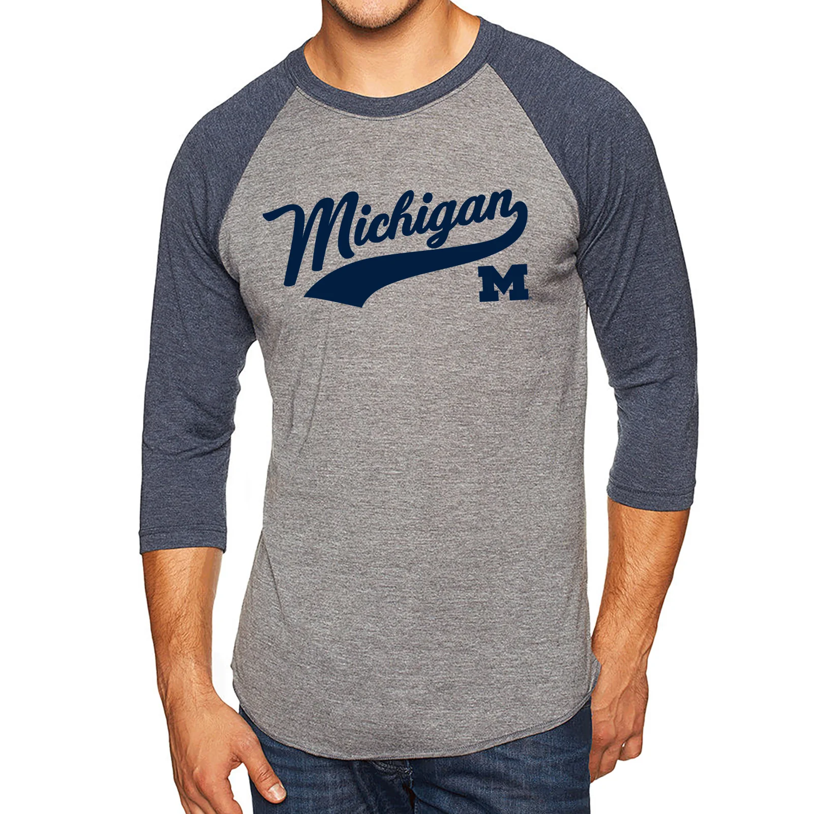 Baseball Jersey Script University of Michigan Raglan T Shirt - Premium Heather / Vintage Navy - Image 3