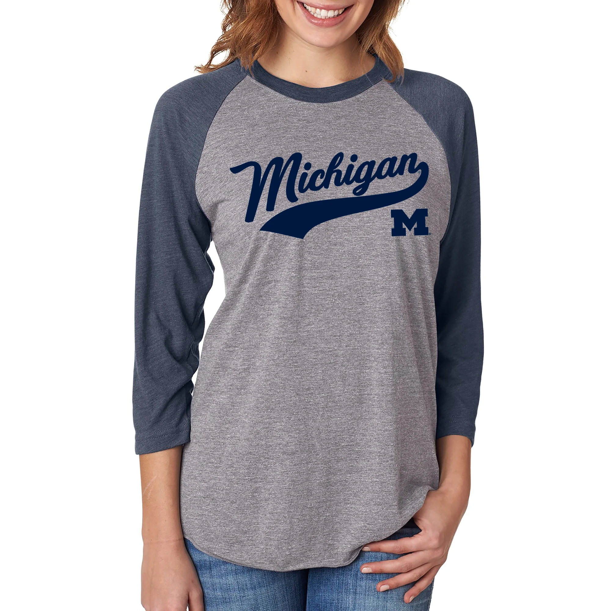 Baseball Jersey Script University of Michigan Raglan T Shirt - Premium Heather / Vintage Navy - Image 4