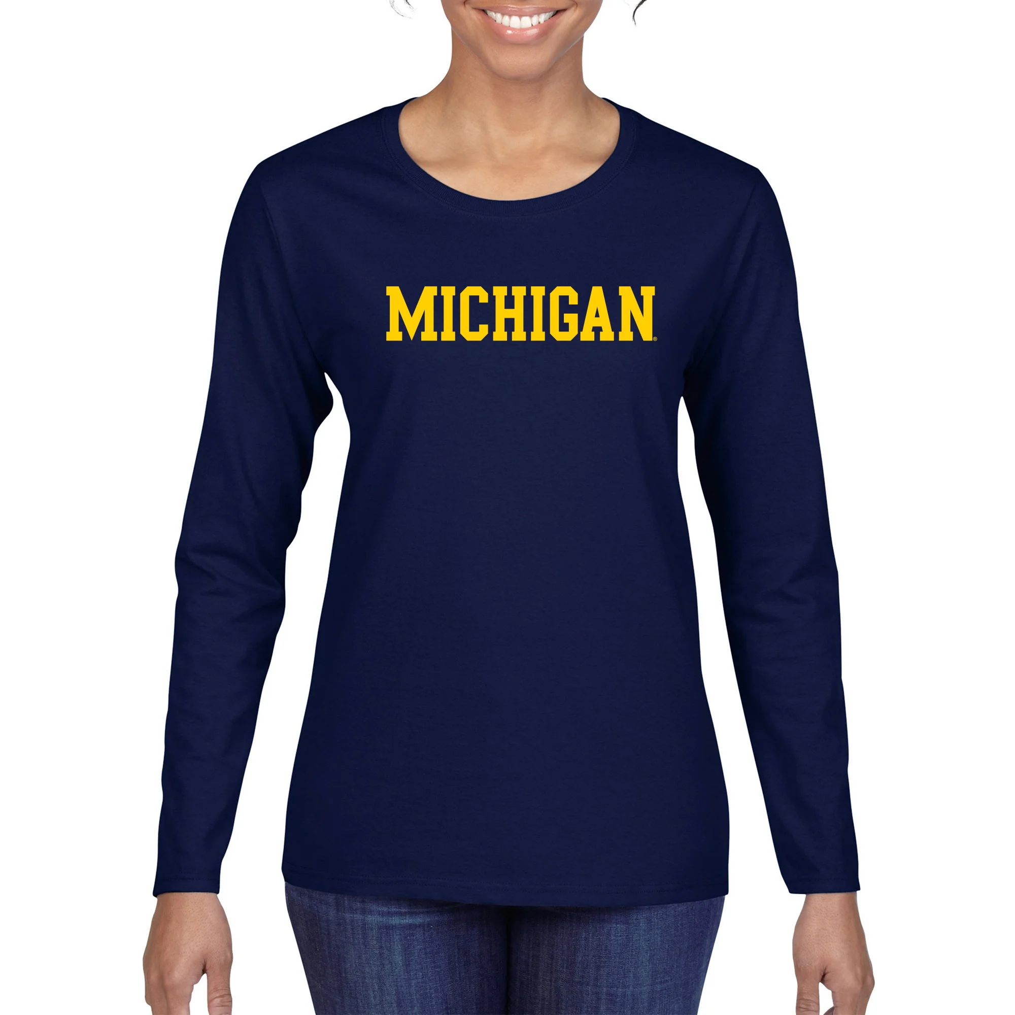 Basic Block University of Michigan Womens Basic Cotton Long Sleeve T Shirt - Navy - Image 4