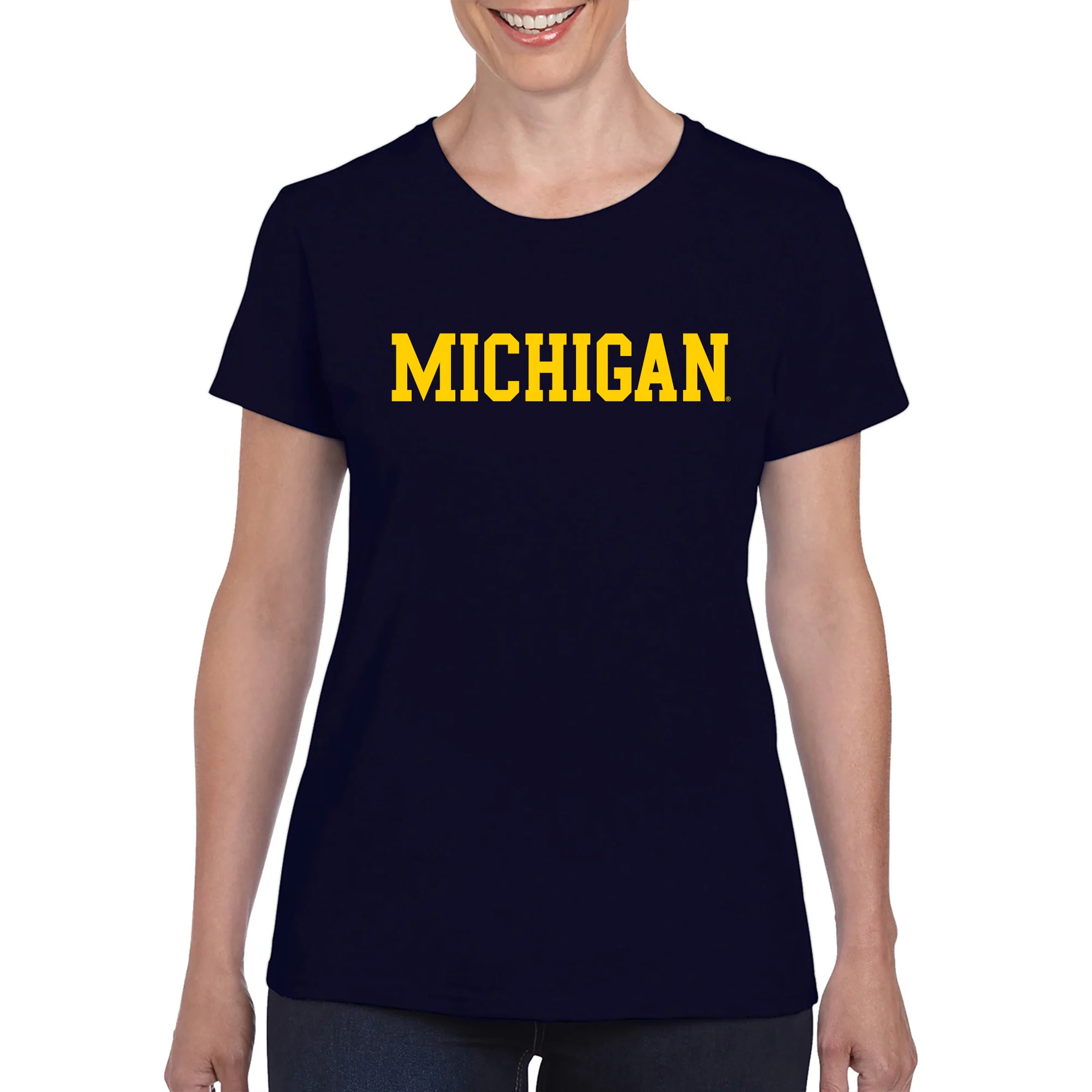 Basic Block University of Michigan Womens Basic Cotton Short Sleeve T Shirt - Navy - Image 3