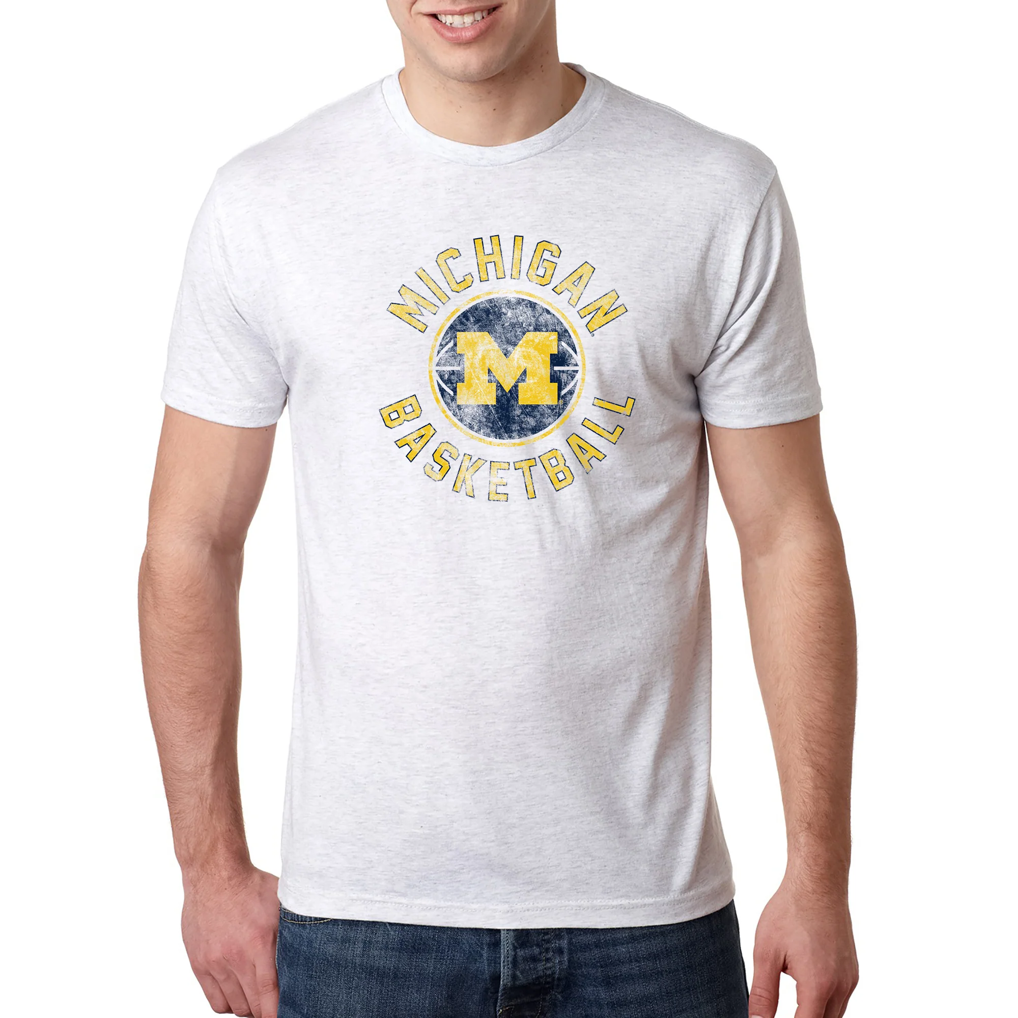 Basketball Distress University of Michigan Triblend Short Sleeve T Shirt - Heather White - Image 3