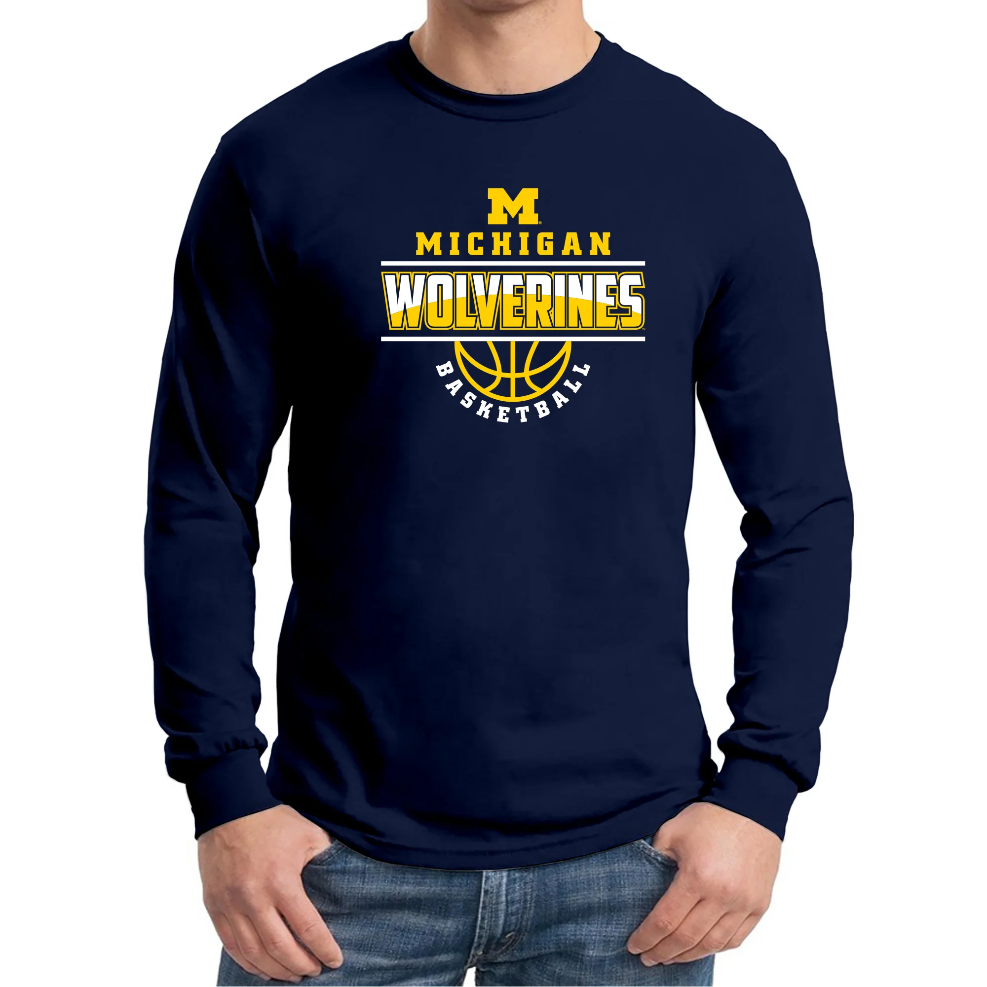Michigan Basketball Peak Basic Cotton Long Sleeve T Shirt - Navy - Image 4
