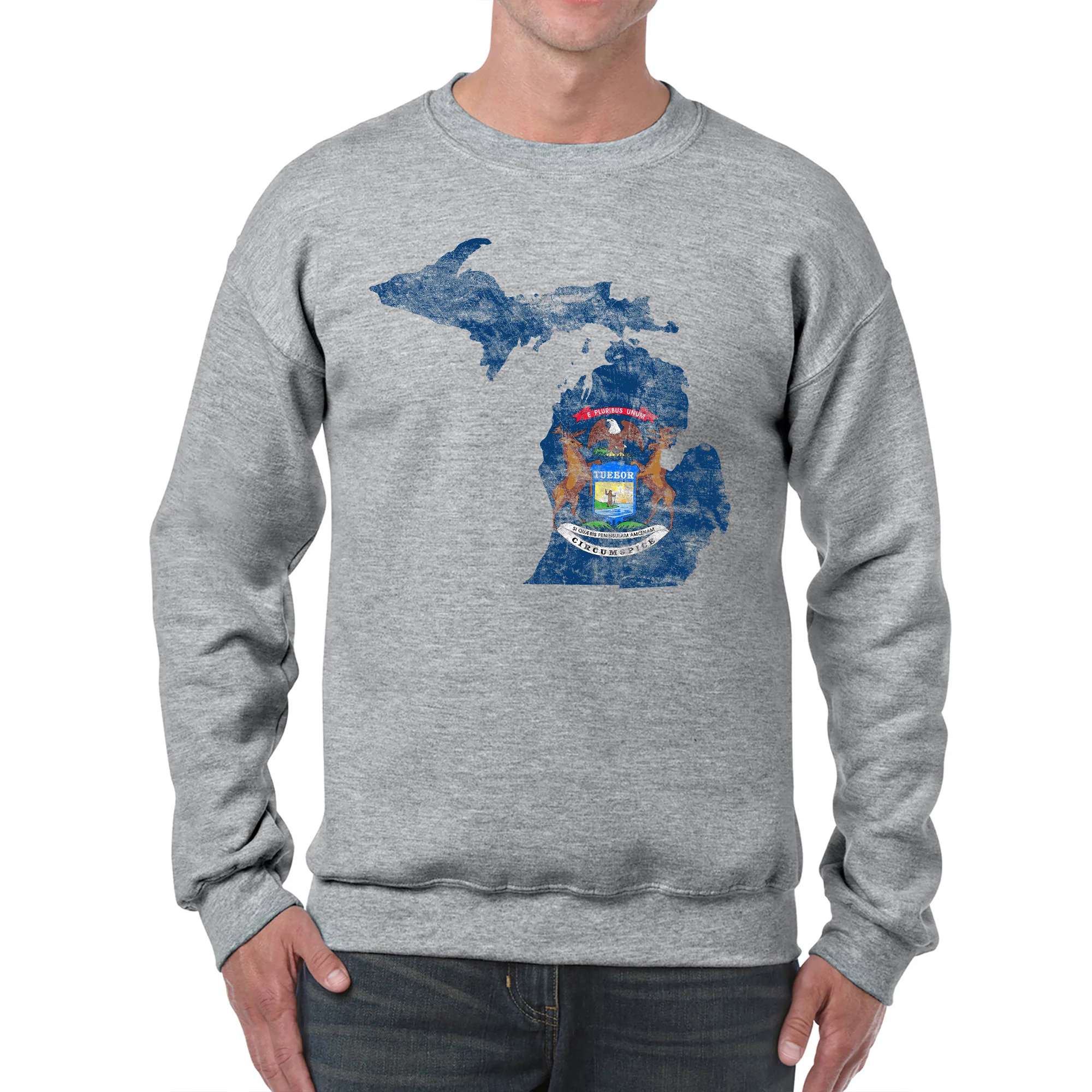 Michigan Distressed State Flag Outline Crewneck Sweatshirt - Sport Grey - Image 3
