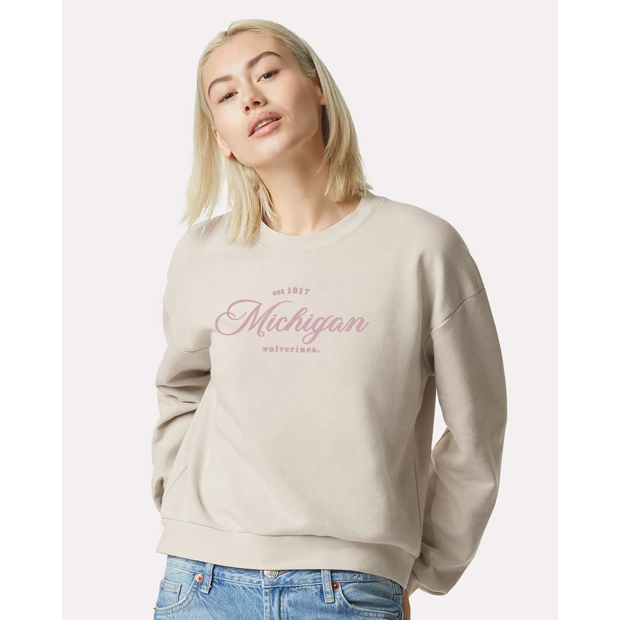 Michigan Elegant EMB Women's ReFlex Fleece Crewneck - Bone - Image 3