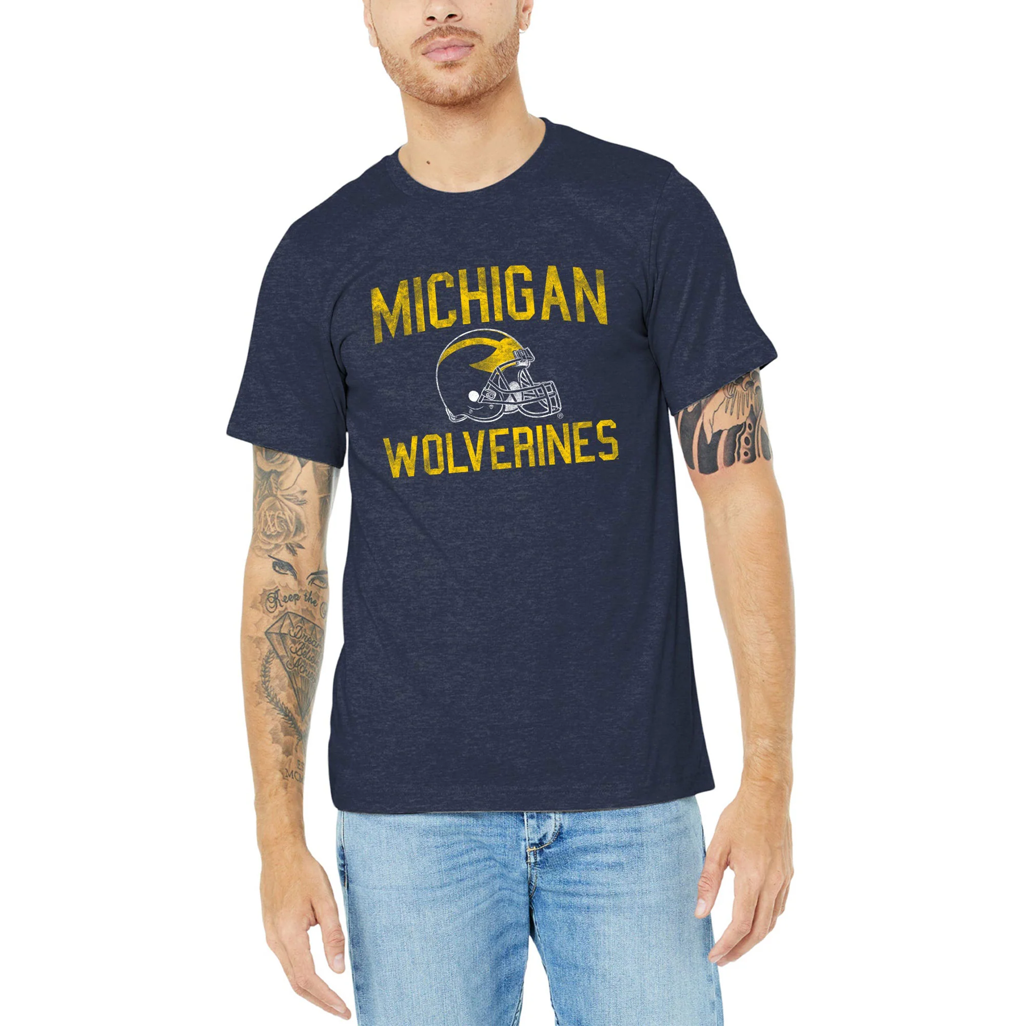 Michigan Faded Football Helmet CVC Jersey T-Shirt - Heather Midnight Navy - Image 3