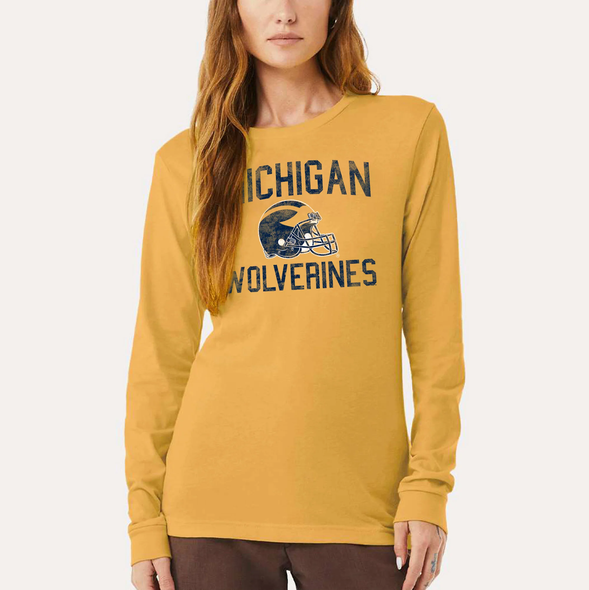 Michigan Faded Football Helmet CVC Long Sleeve - Heather Yellow Gold - Image 4
