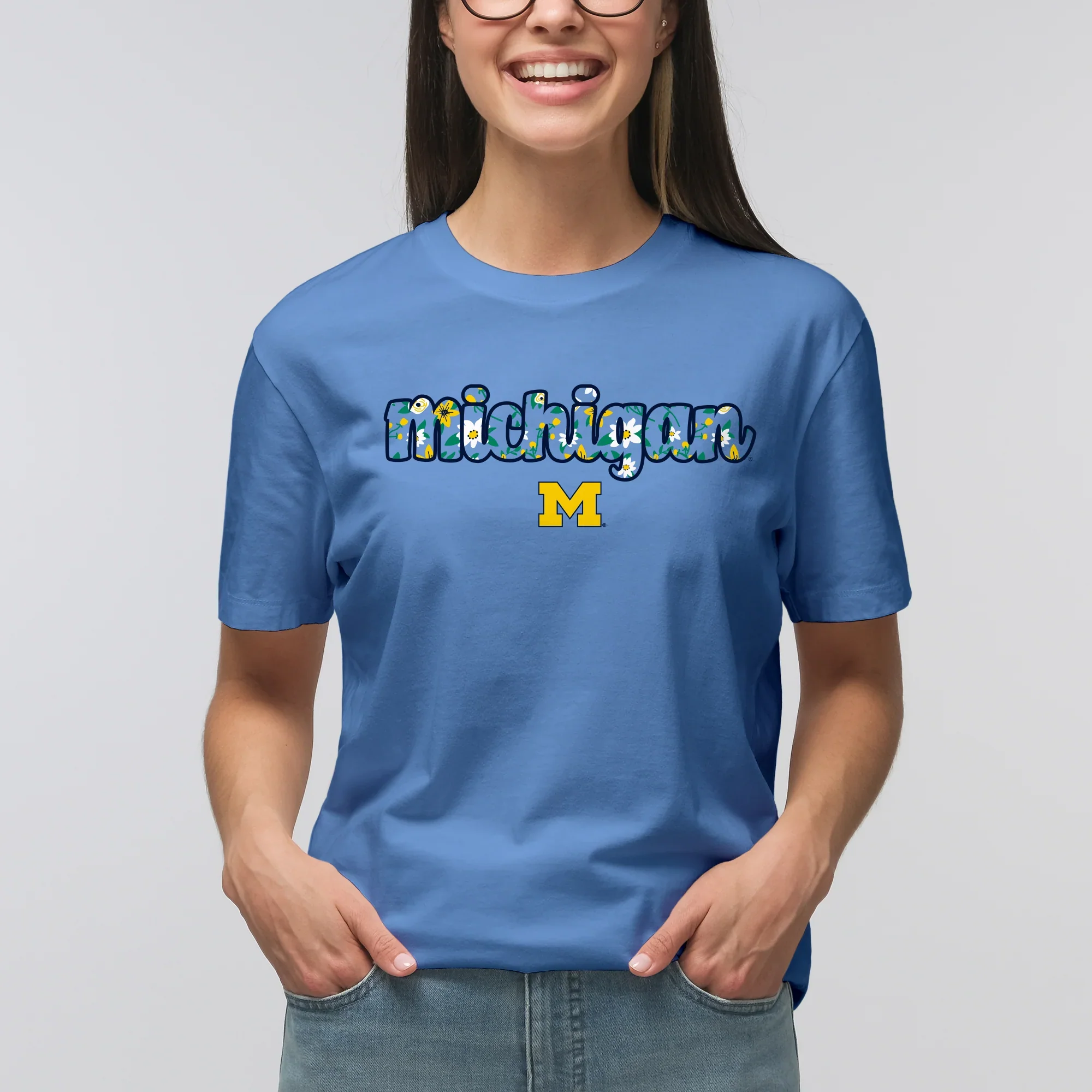 Michigan Flower Pattern State Short Sleeve T-Shirt - C Blue - Image 4