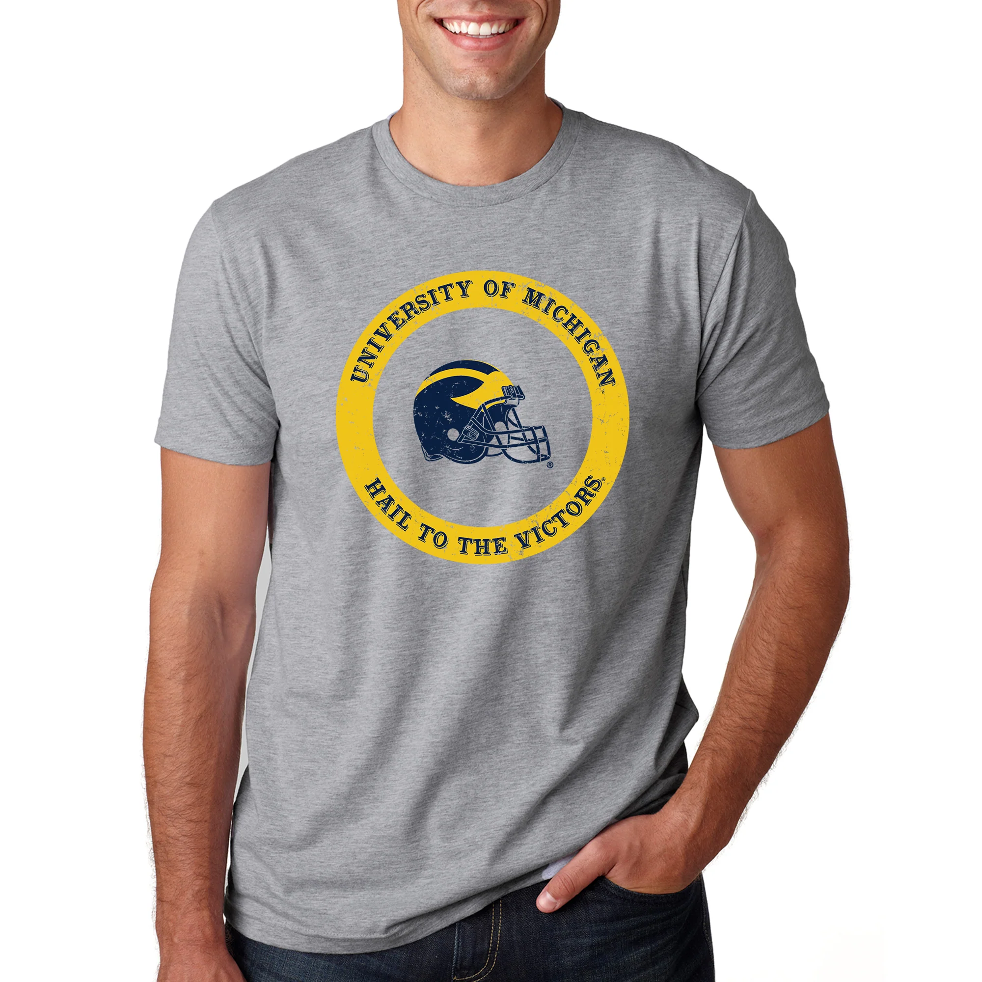 Football Helmet Hail to the Victor Circle University of Michigan Premium Short Sleeve Tee - Heather Grey - Image 4
