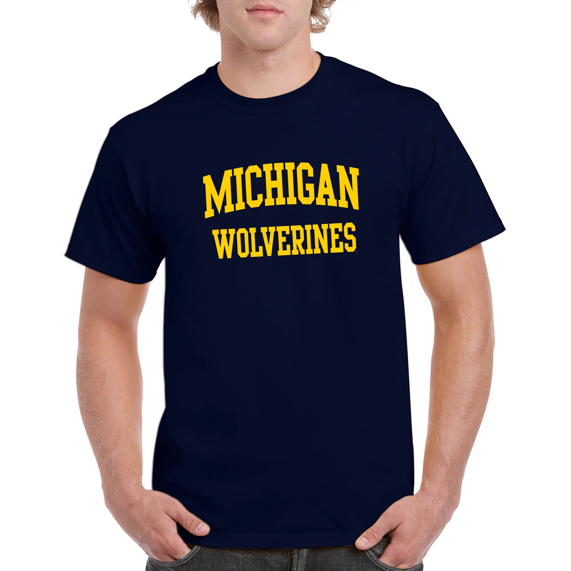 Front Back Print University of Michigan Basic Cotton Short Sleeve T Shirt - Navy - Image 3