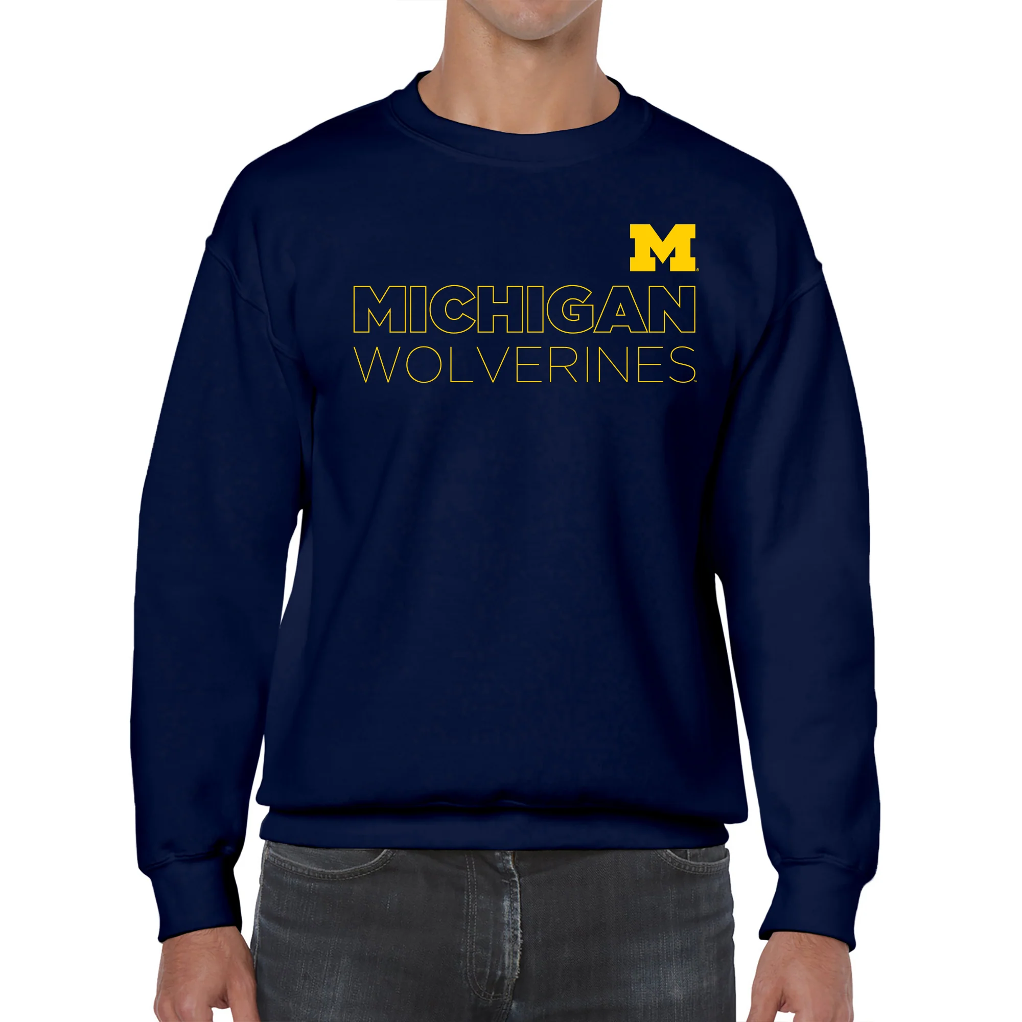 Modern Outline University of Michigan Heavy Blend Crewneck Sweatshirt - Navy - Image 3