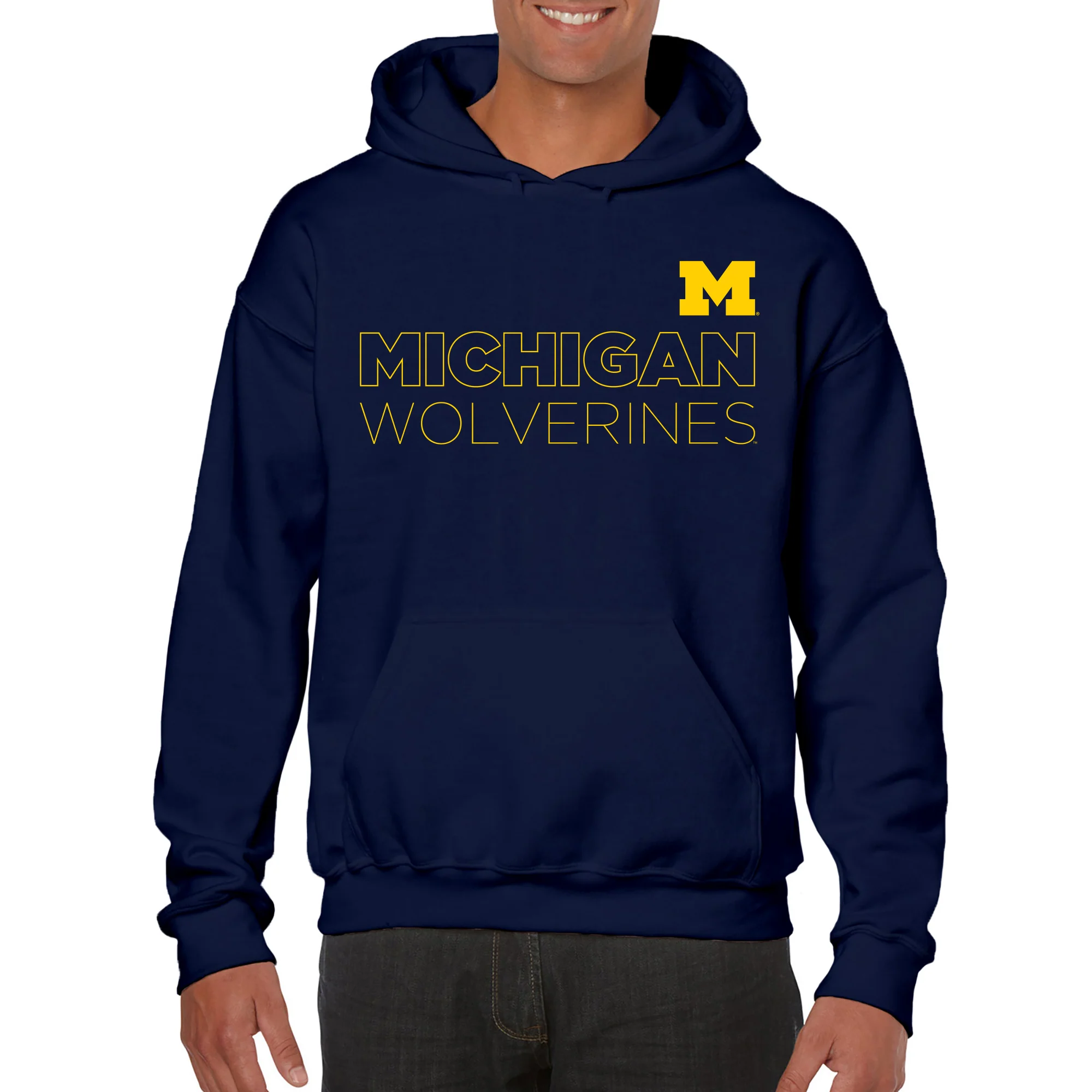 Modern Outline University of Michigan Heavy Blend Hooded Sweatshirt - Navy - Image 3