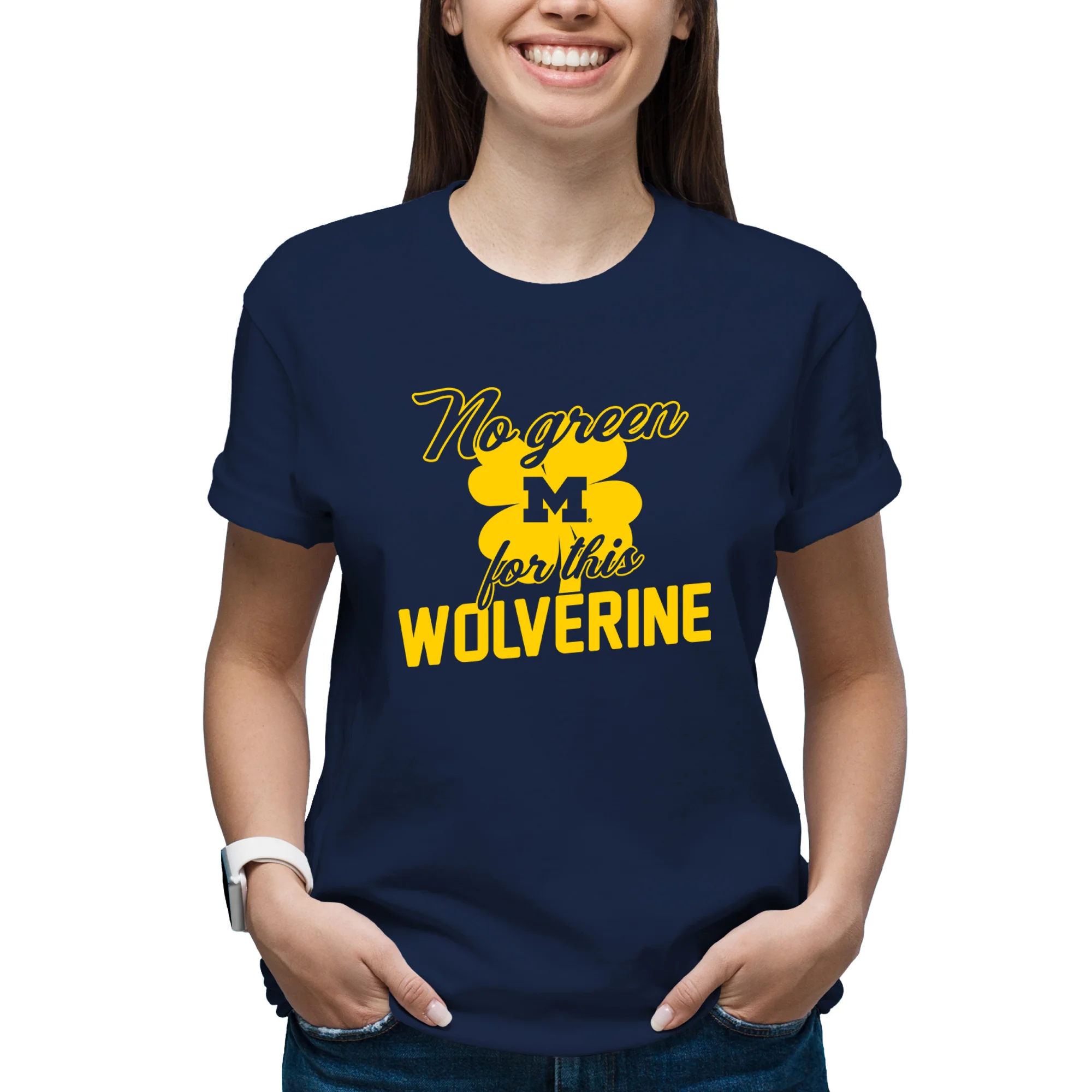 Michigan No Green For This Wolverine Script T-Shirt - Navy - Image 4
