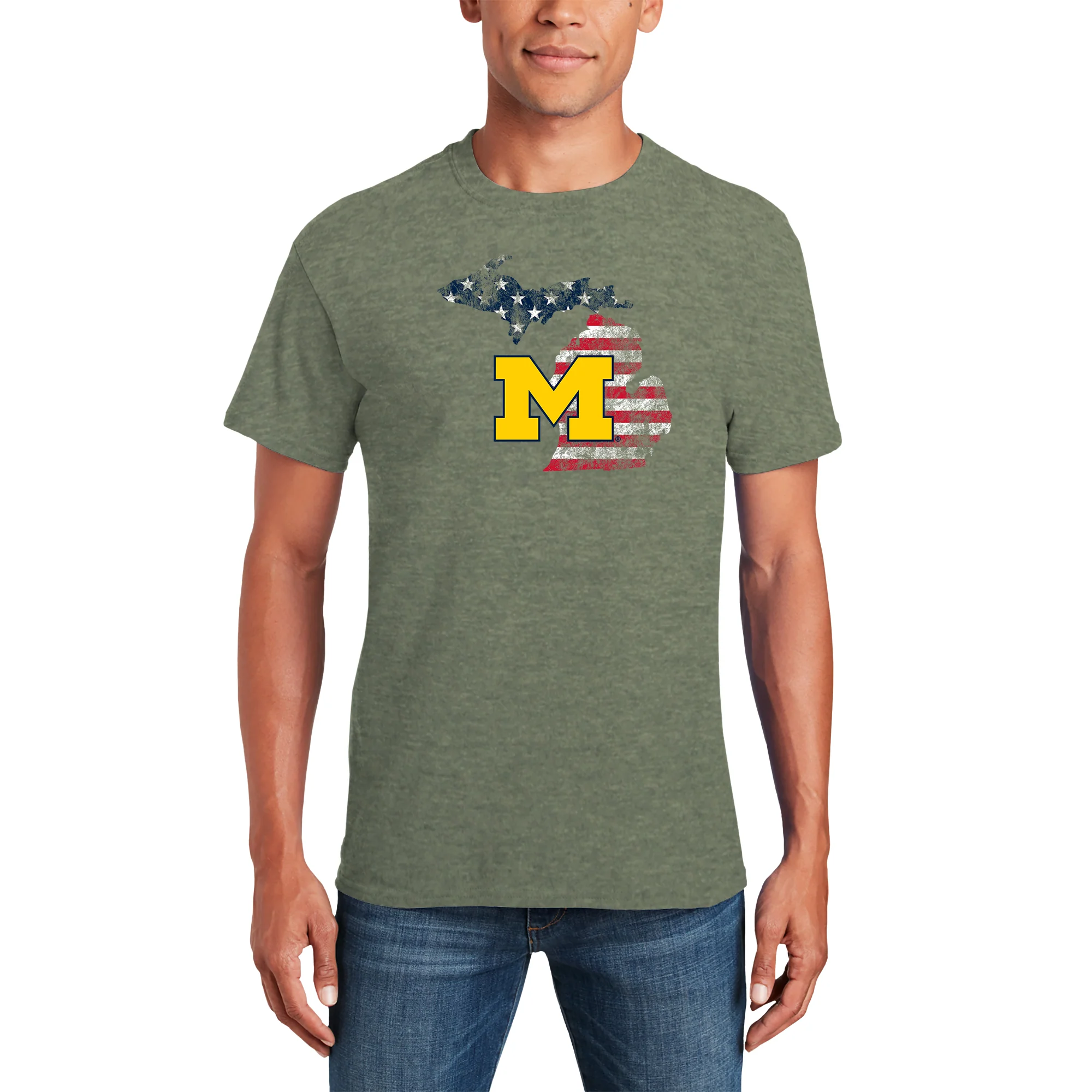 Michigan Patriotic State Silhouette T-Shirt - Heather Military Green - Image 3