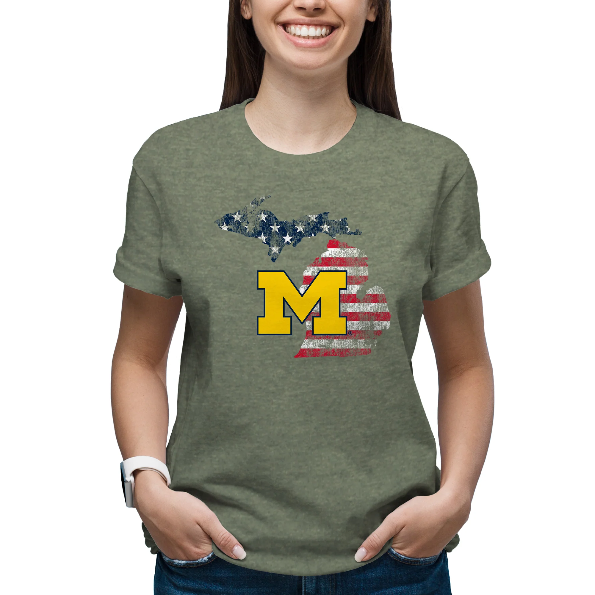 Michigan Patriotic State Silhouette T-Shirt - Heather Military Green - Image 4