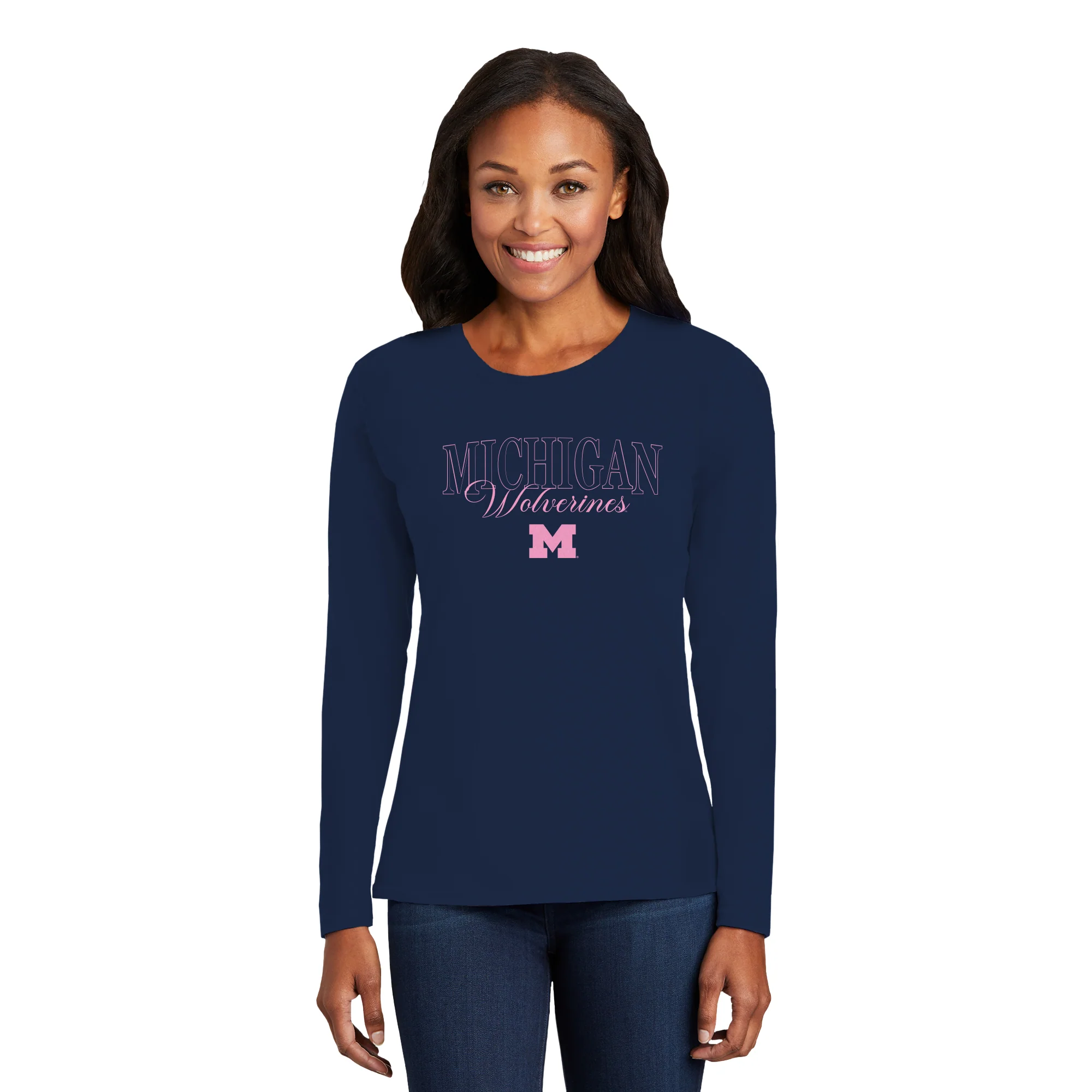 Michigan Pink Outline Womens Long Sleeve - Navy - Image 3
