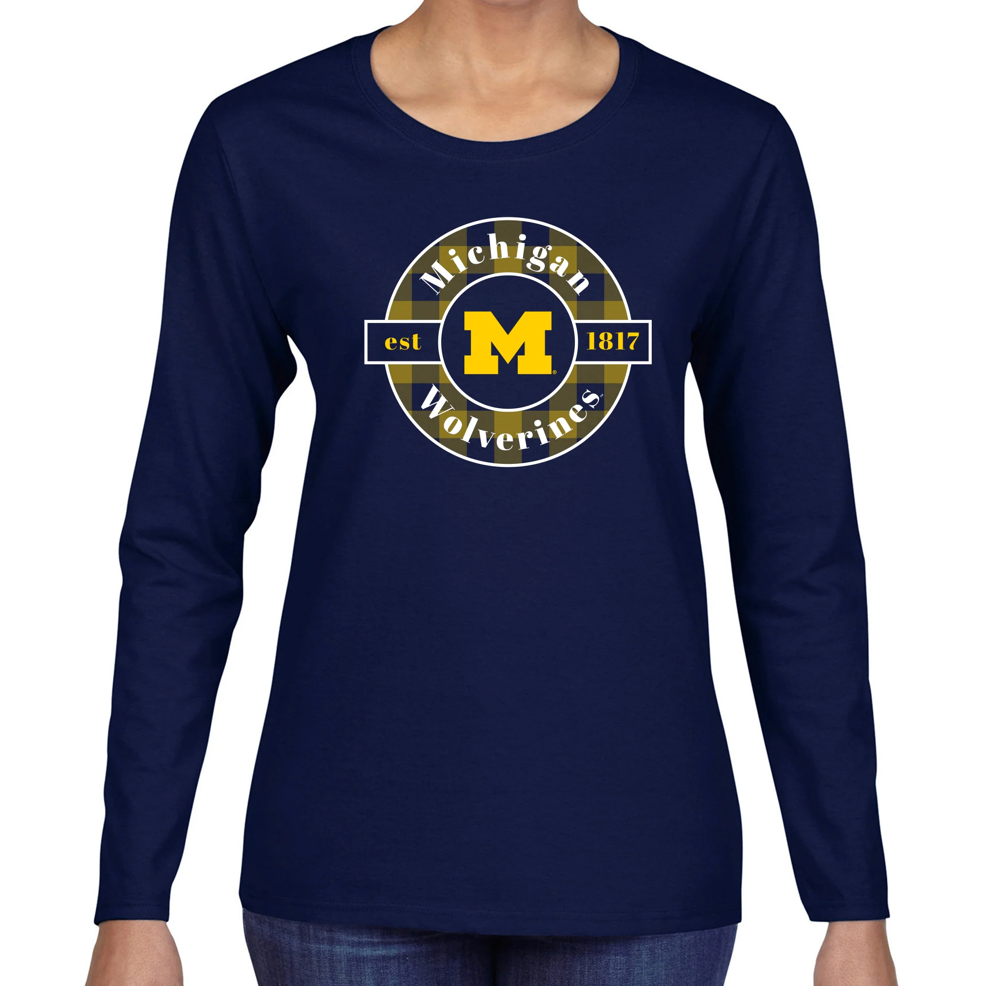 Michigan Plaid Circle Women's Long Sleeve - Navy - Image 4