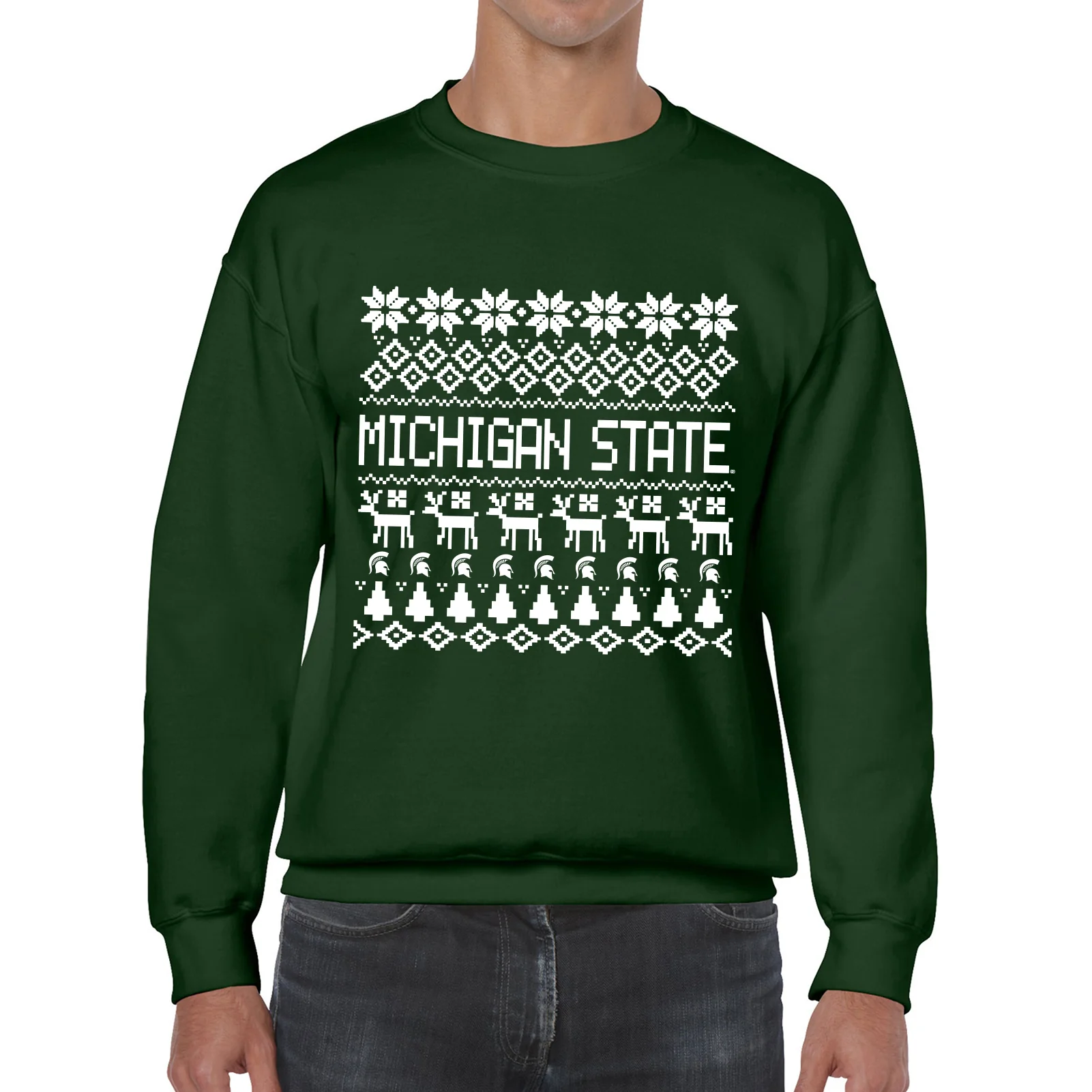 Michigan State University Spartans Holiday Sweater Crewneck Sweatshirt - Forest - Image 3