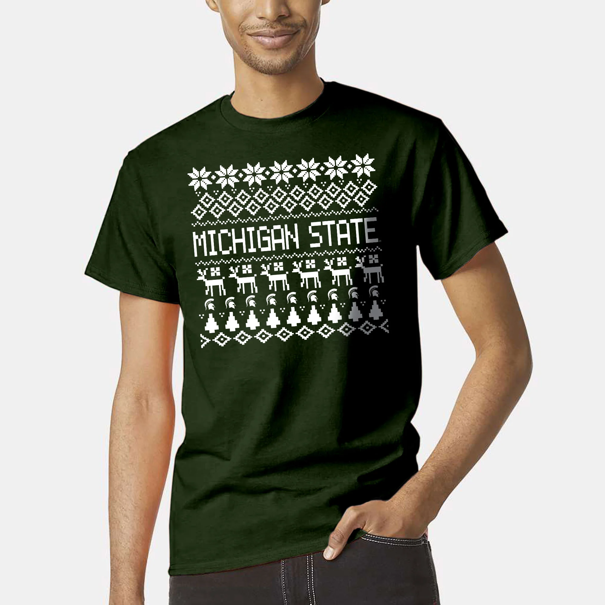 Michigan State University Spartans Holiday Sweater Short Sleeve T-Shirt - Forest - Image 3