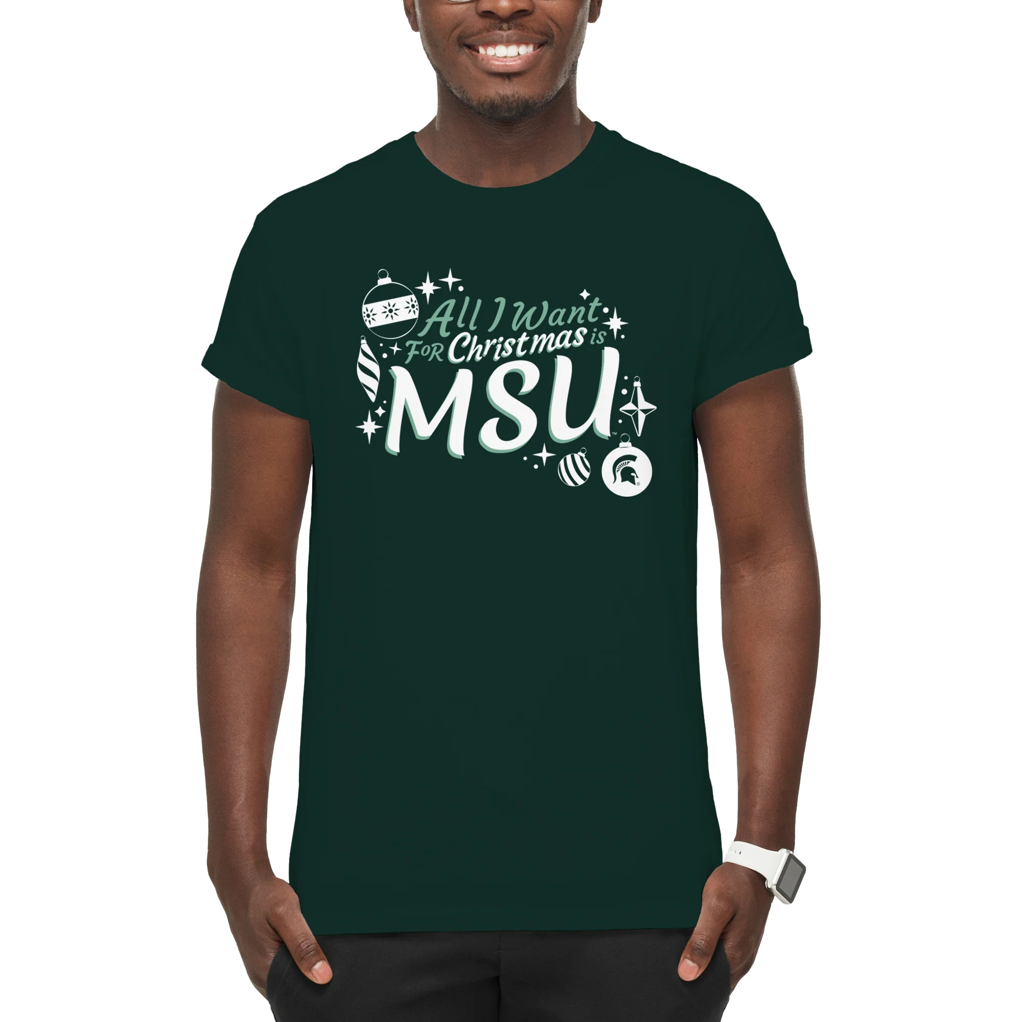Michigan State Spartans All I Want For Christmas Is MSU T Shirt - Forest - Image 4