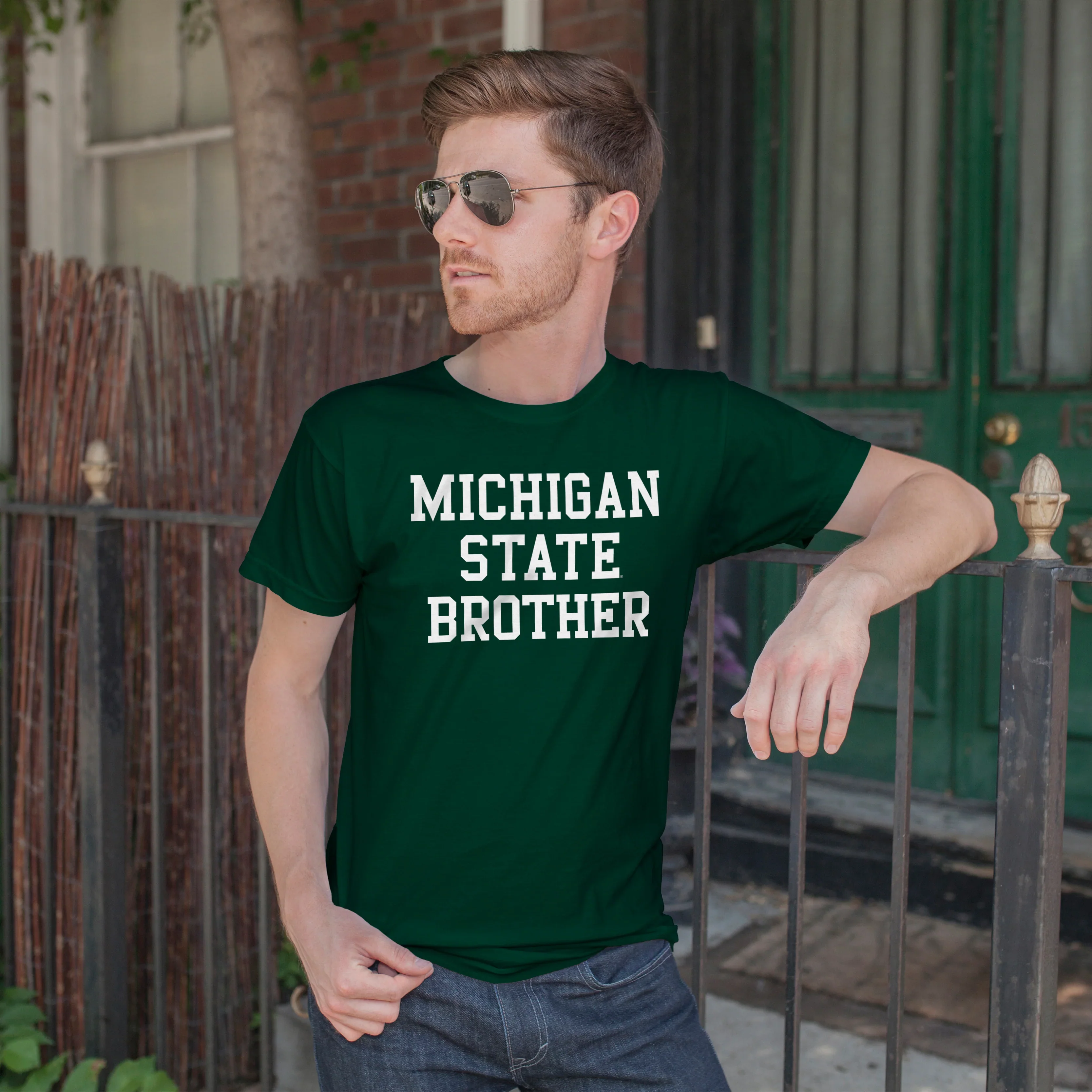 Michigan State University Spartans Basic Block Brother Premium Cotton Short Sleeve T Shirt - Forest Green - Image 4