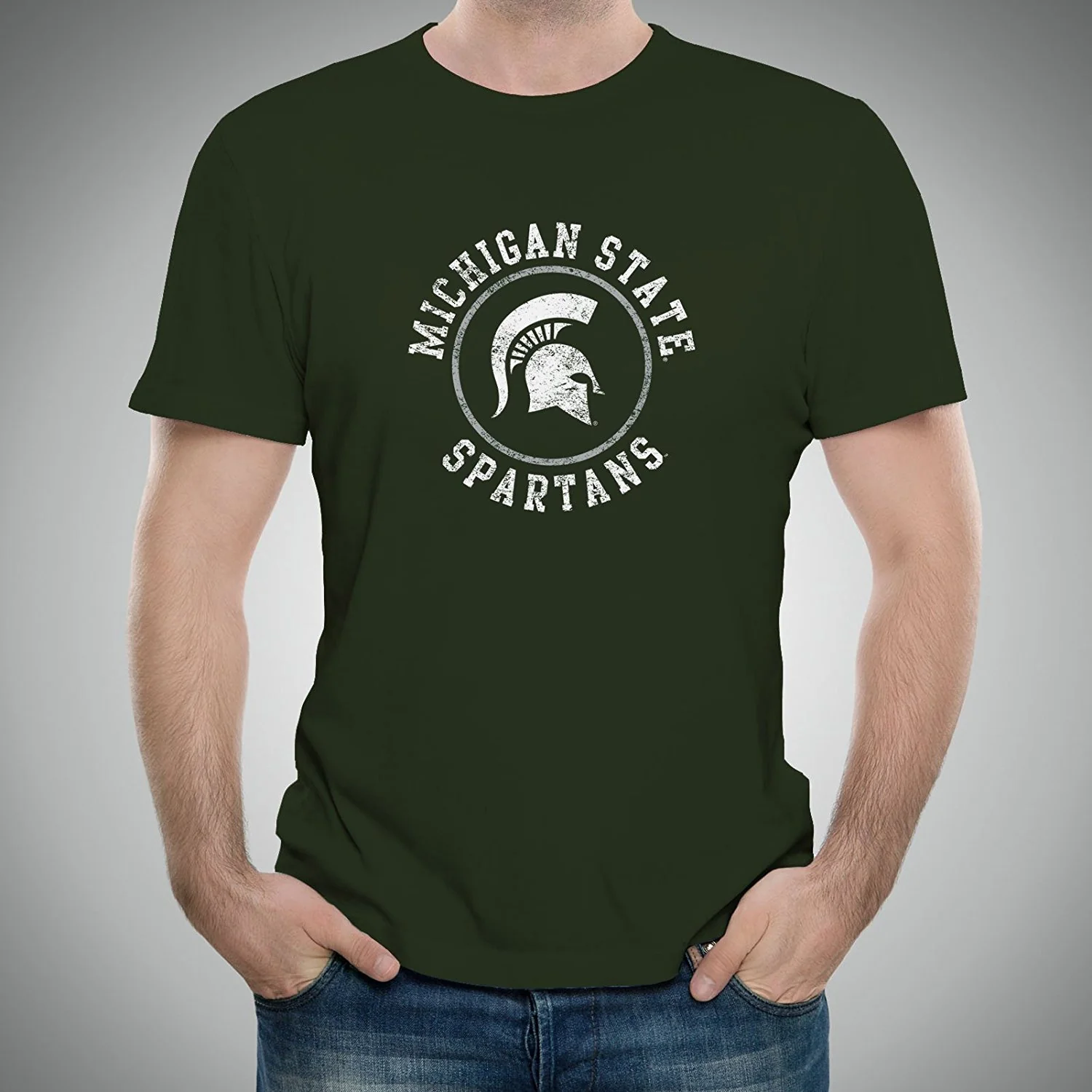 Michigan State University Spartans Distressed Circle Logo Short Sleeve T Shirt - Forest Green - Image 3