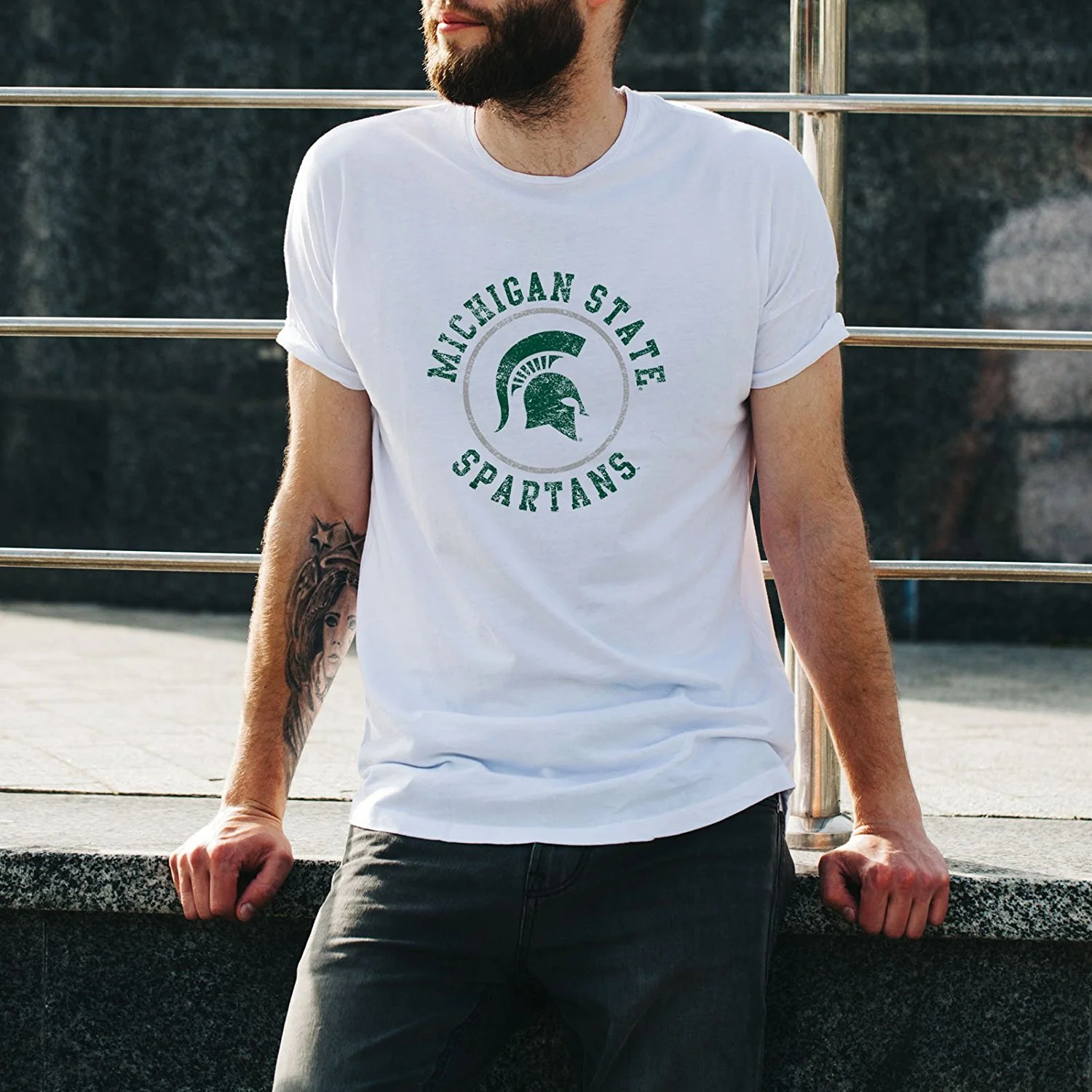 Michigan State University Spartans Distressed Circle Logo Short Sleeve T Shirt - White - Image 3