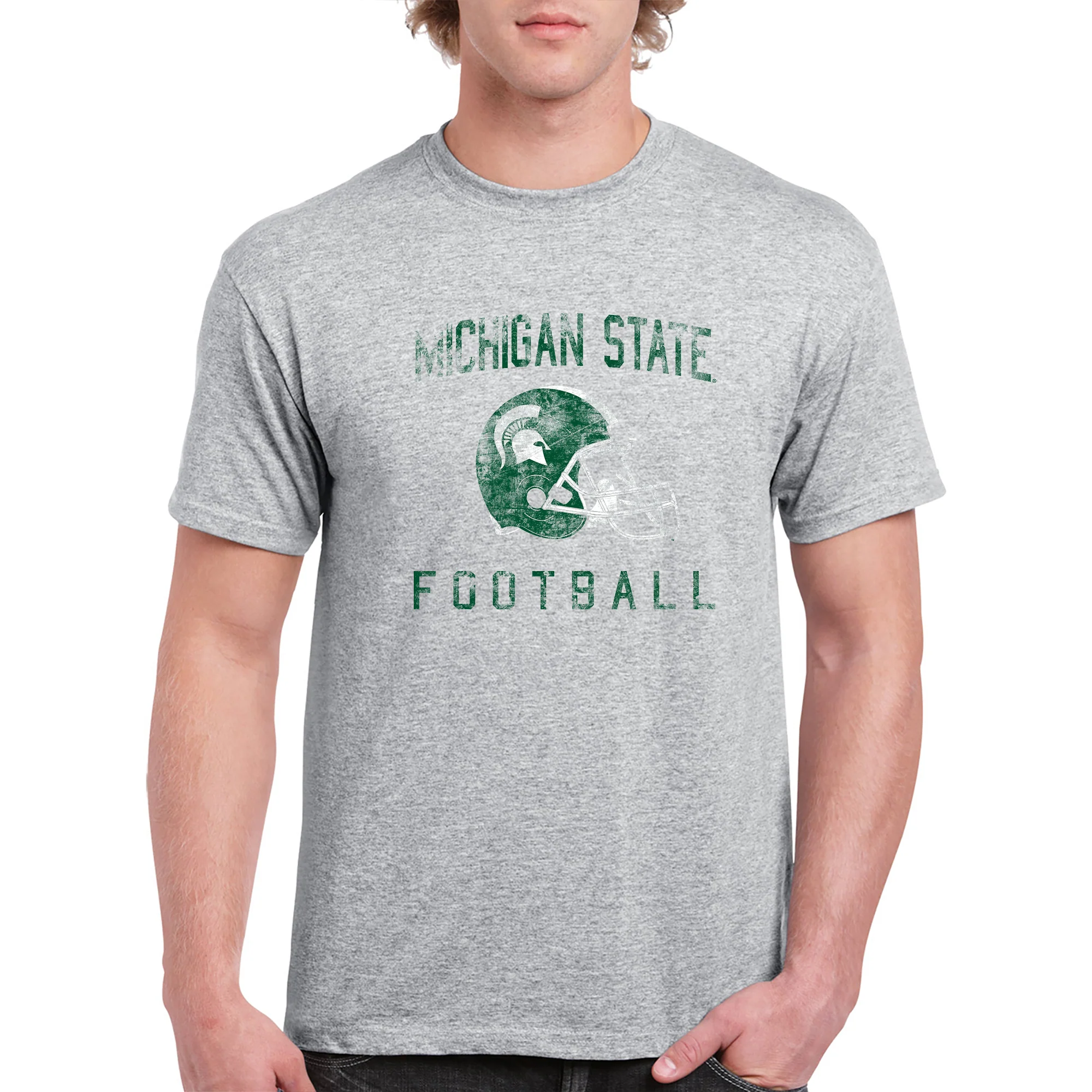 Michigan State University Spartans Faded Football Helmet Basic Cotton Short Sleeve T Shirt - Sport Grey - Image 3