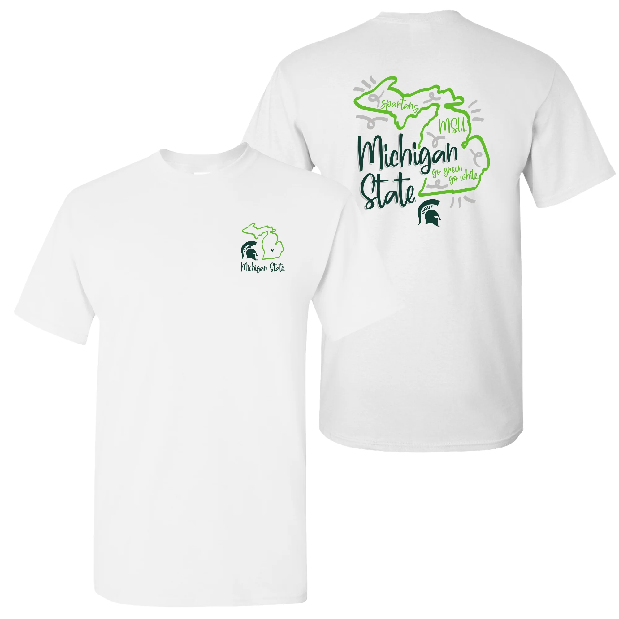Michigan State University Spartans Playful Sketch Basic Cotton Short Sleeve T Shirt - White
