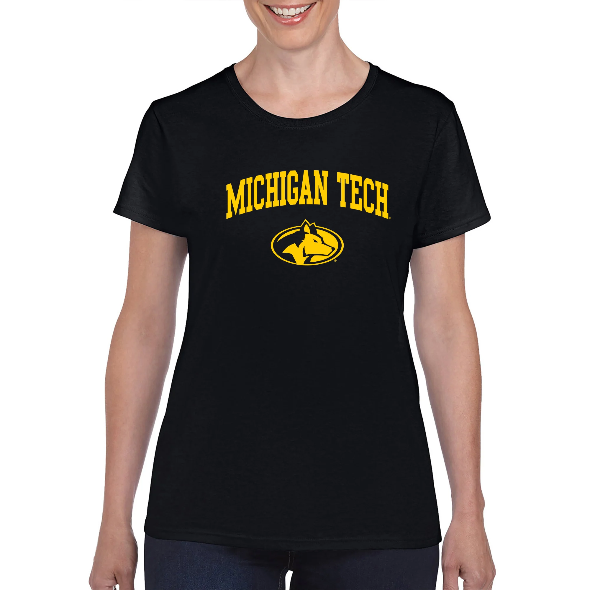 Michigan Technological University Huskies Arch Logo Cotton Womens T-Shirt - Black - Image 3