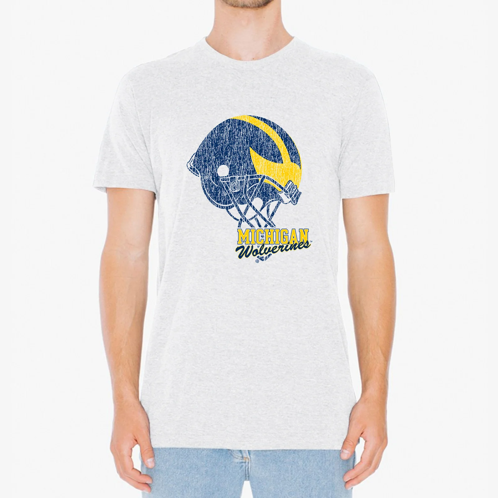 Tilted Football Helmet University of Michigan Short Sleeve Triblend T Shirt - Heather White - Image 3