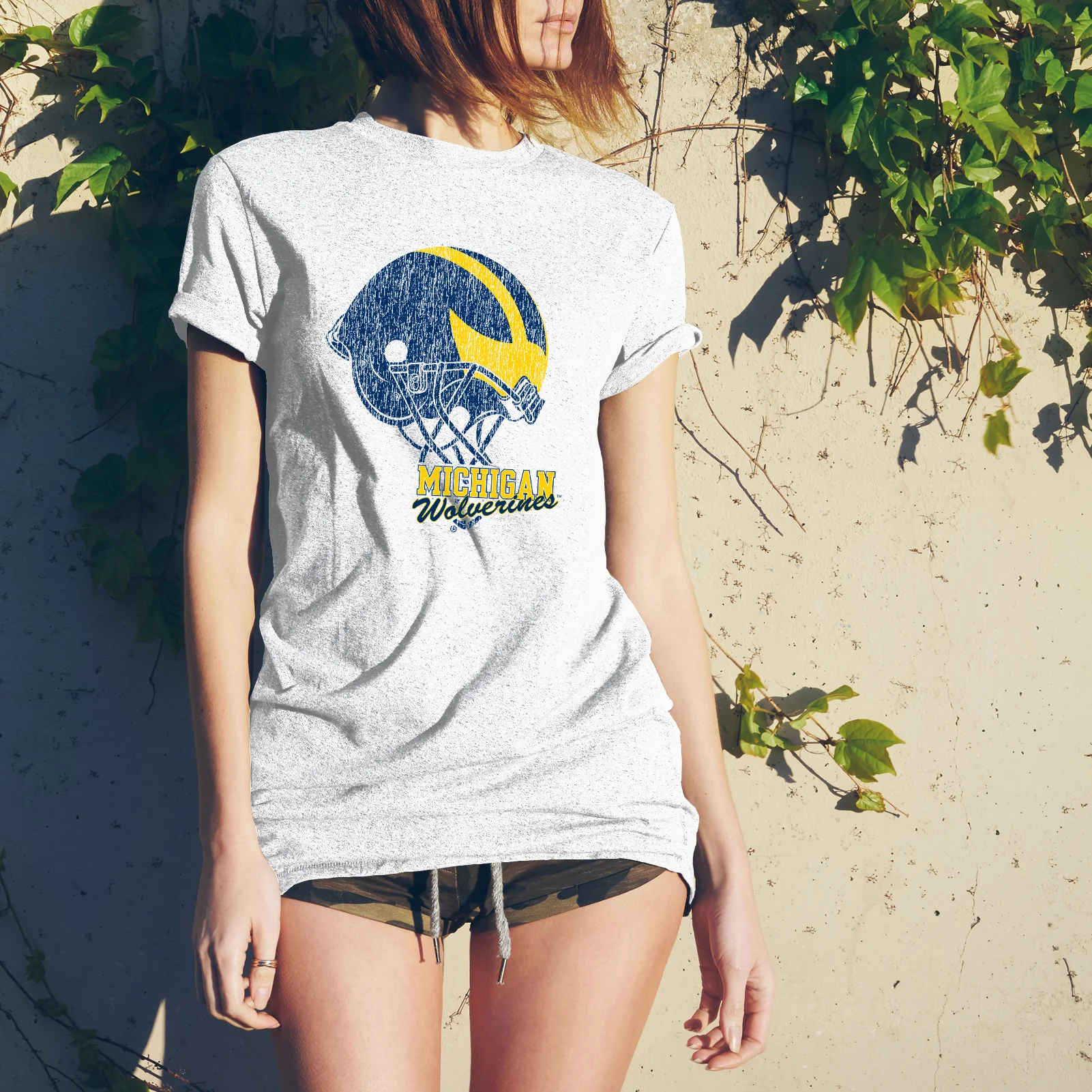 Tilted Football Helmet University of Michigan Short Sleeve Triblend T Shirt - Heather White - Image 4