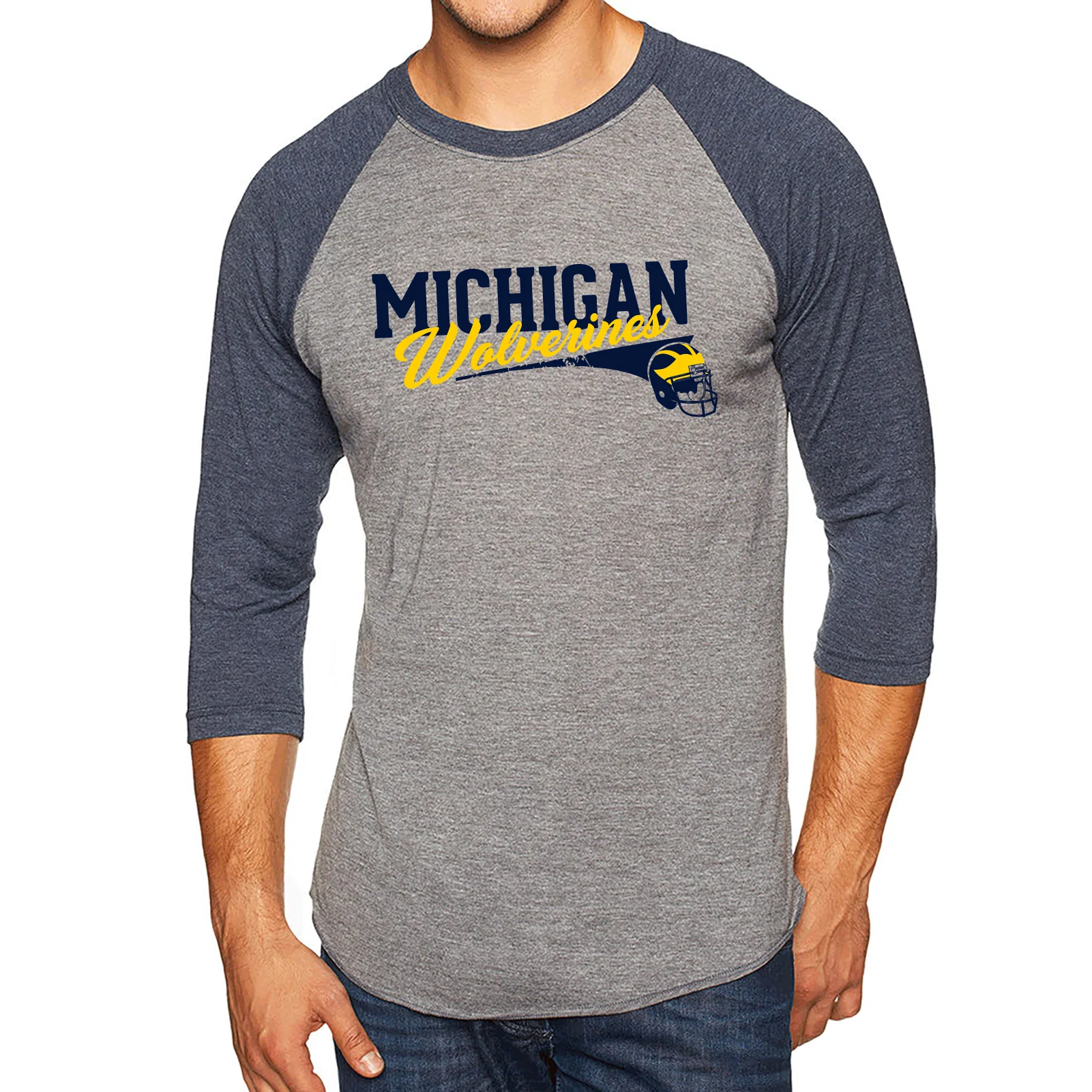 Varsity Script Helmet University of Michigan Triblend Baseball Raglan T Shirt - Premium Heather / Vintage Navy - Image 3