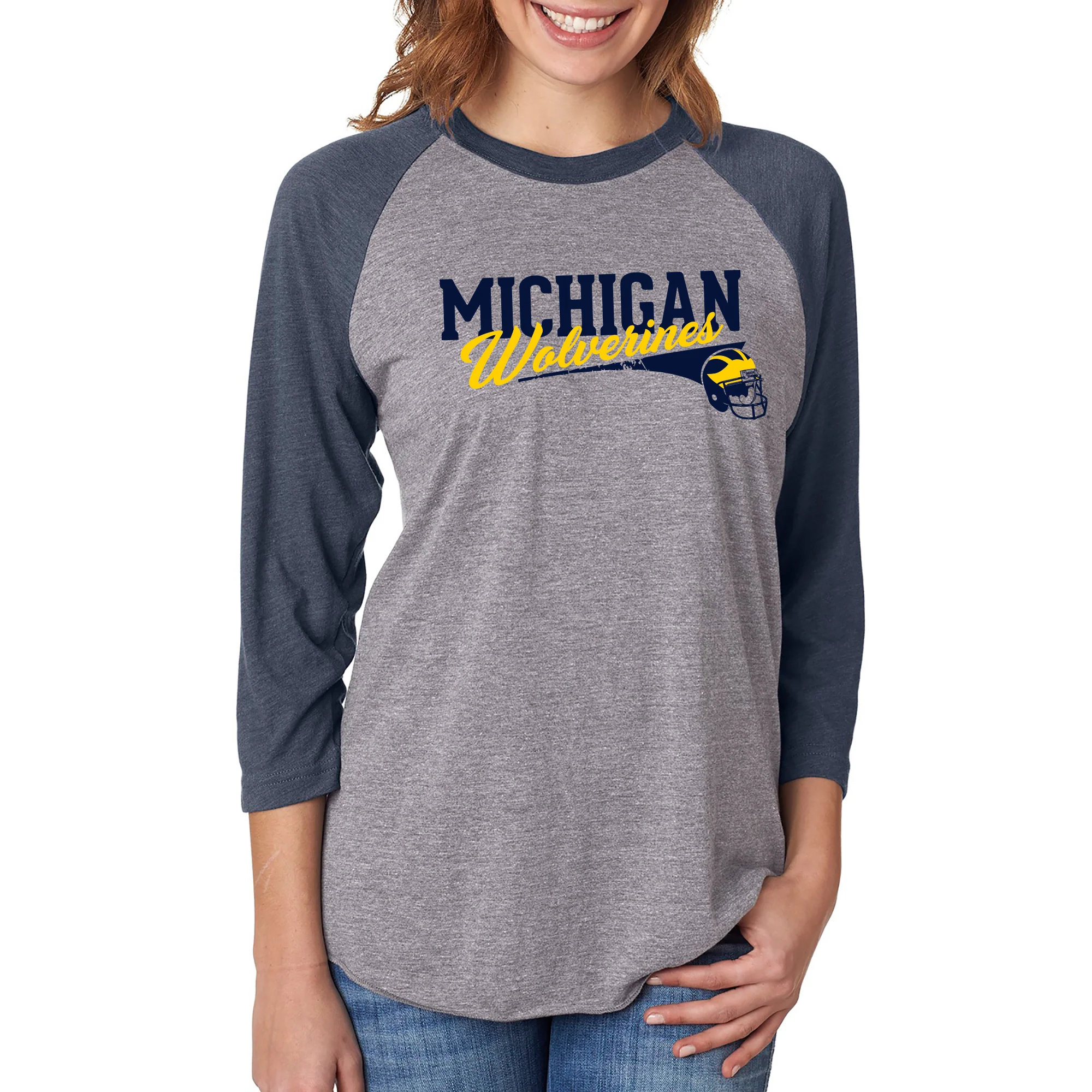 Varsity Script Helmet University of Michigan Triblend Baseball Raglan T Shirt - Premium Heather / Vintage Navy - Image 4