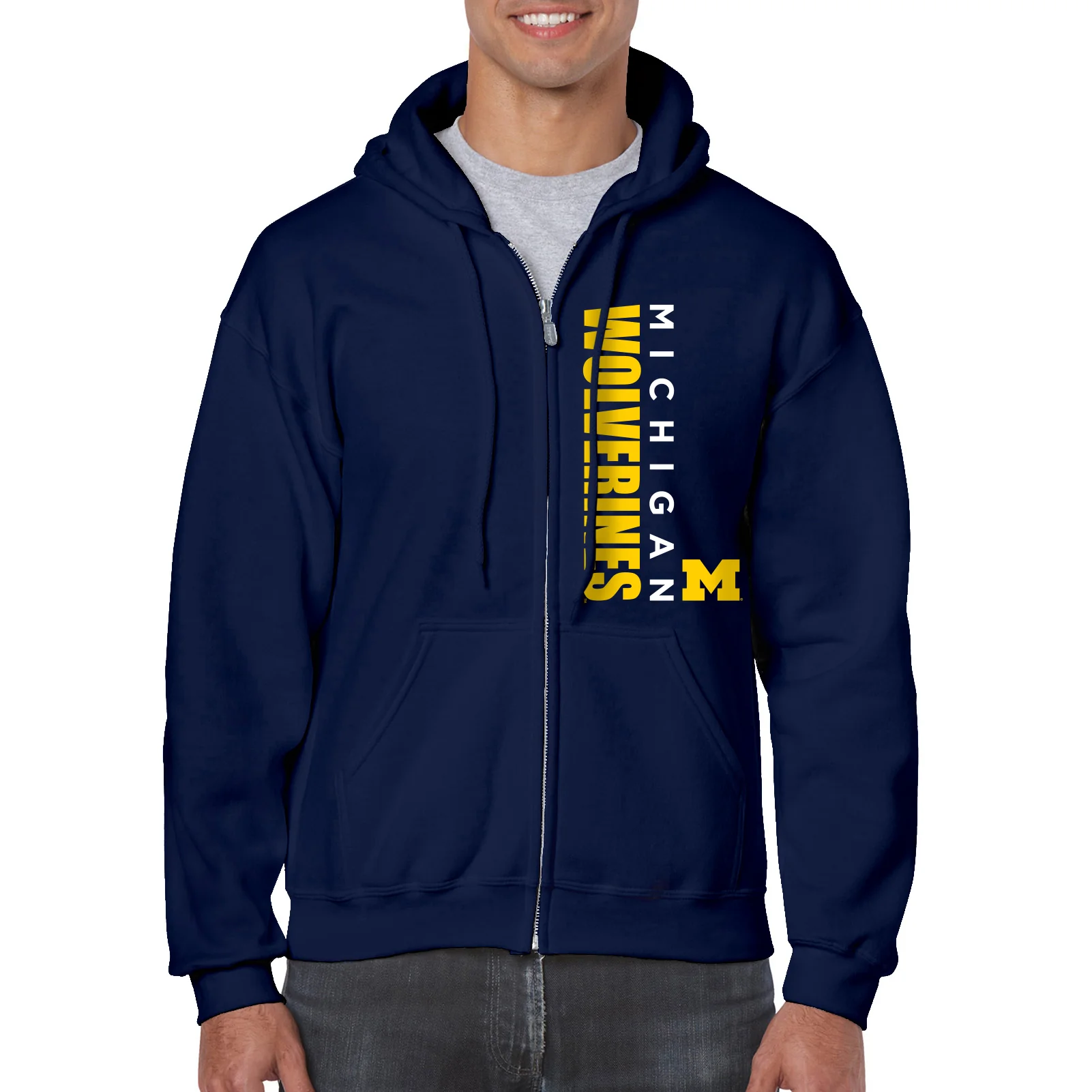 Vertical Block Left Chest University of Michigan Heavy Blend Zip Hoodie - Navy - Image 3