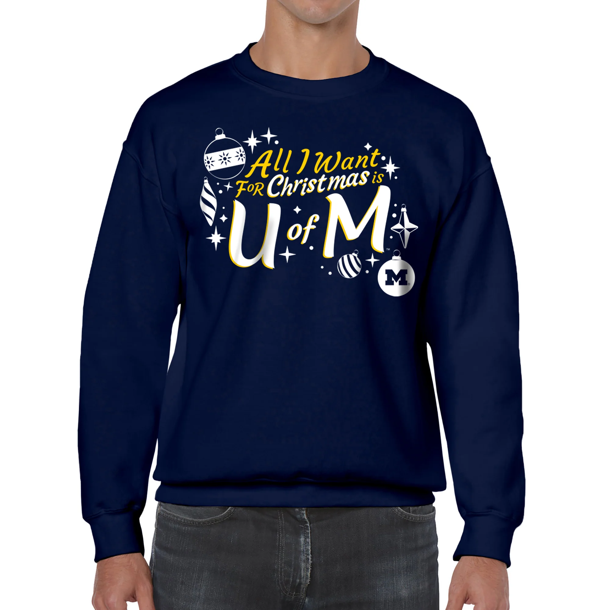 Michigan Wolverines All I Want For Christmas Is U of M Crewneck Sweatshirt - Navy - Image 3