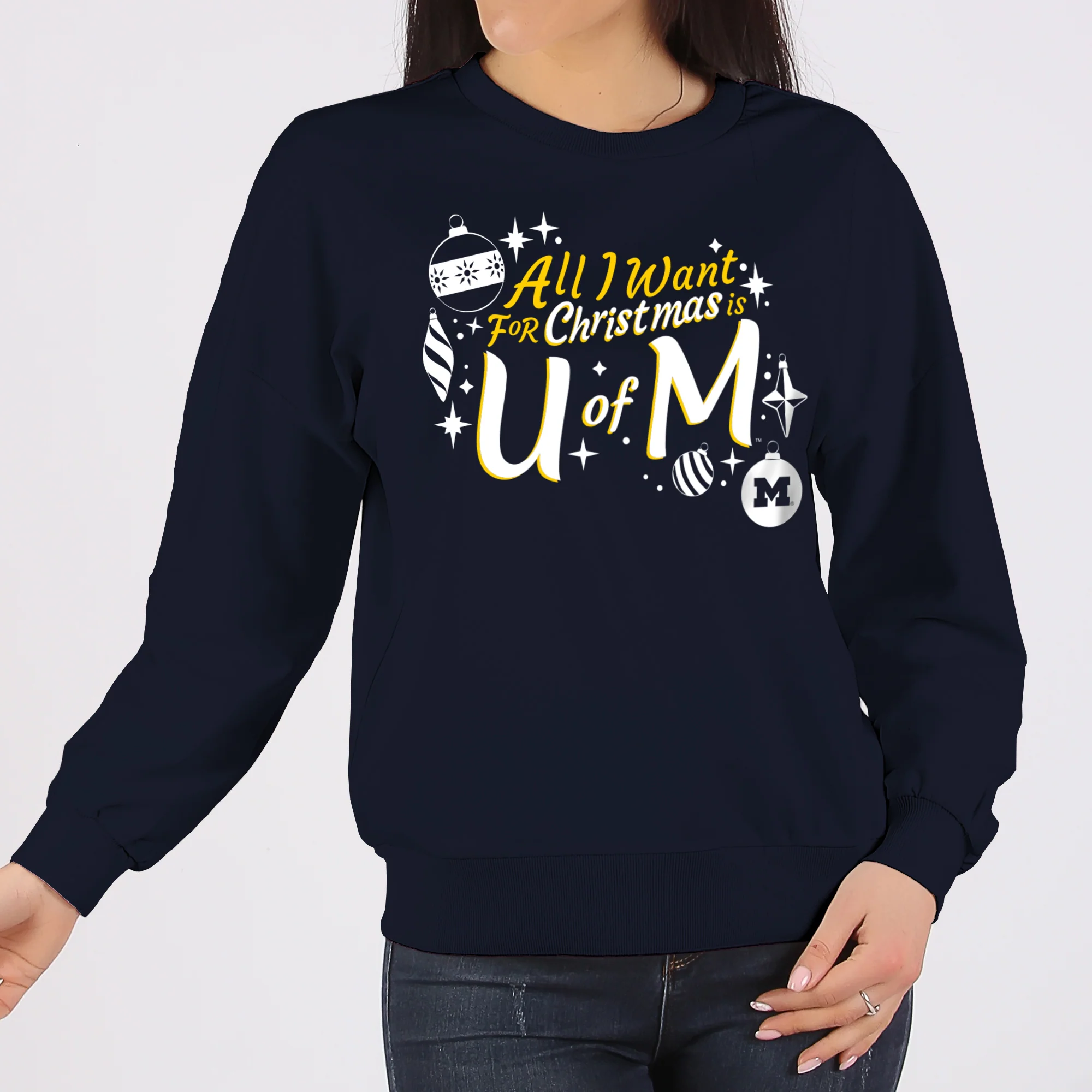 Michigan Wolverines All I Want For Christmas Is U of M Crewneck Sweatshirt - Navy - Image 4