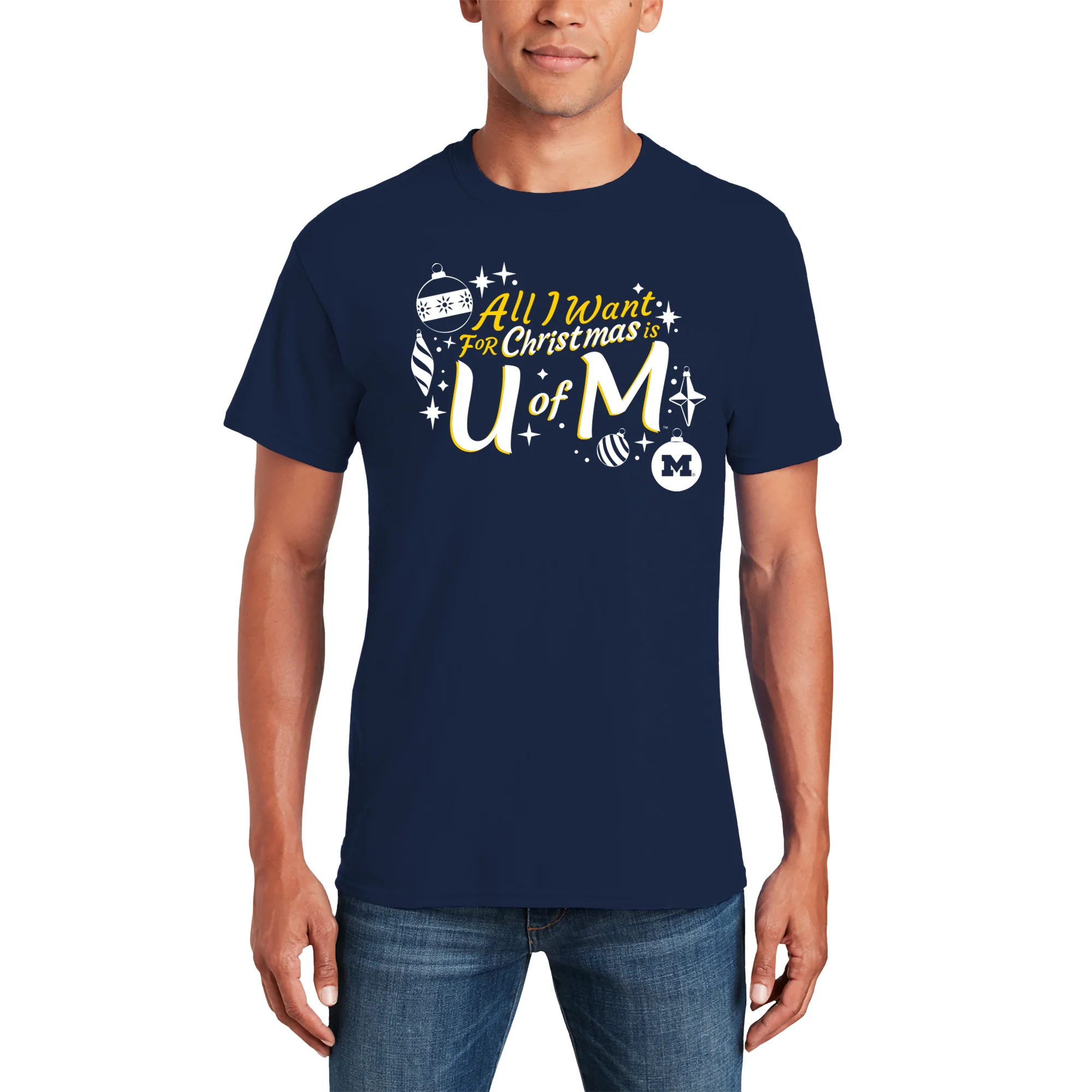 Michigan Wolverines All I Want For Christmas Is U of M T Shirt - Navy - Image 4