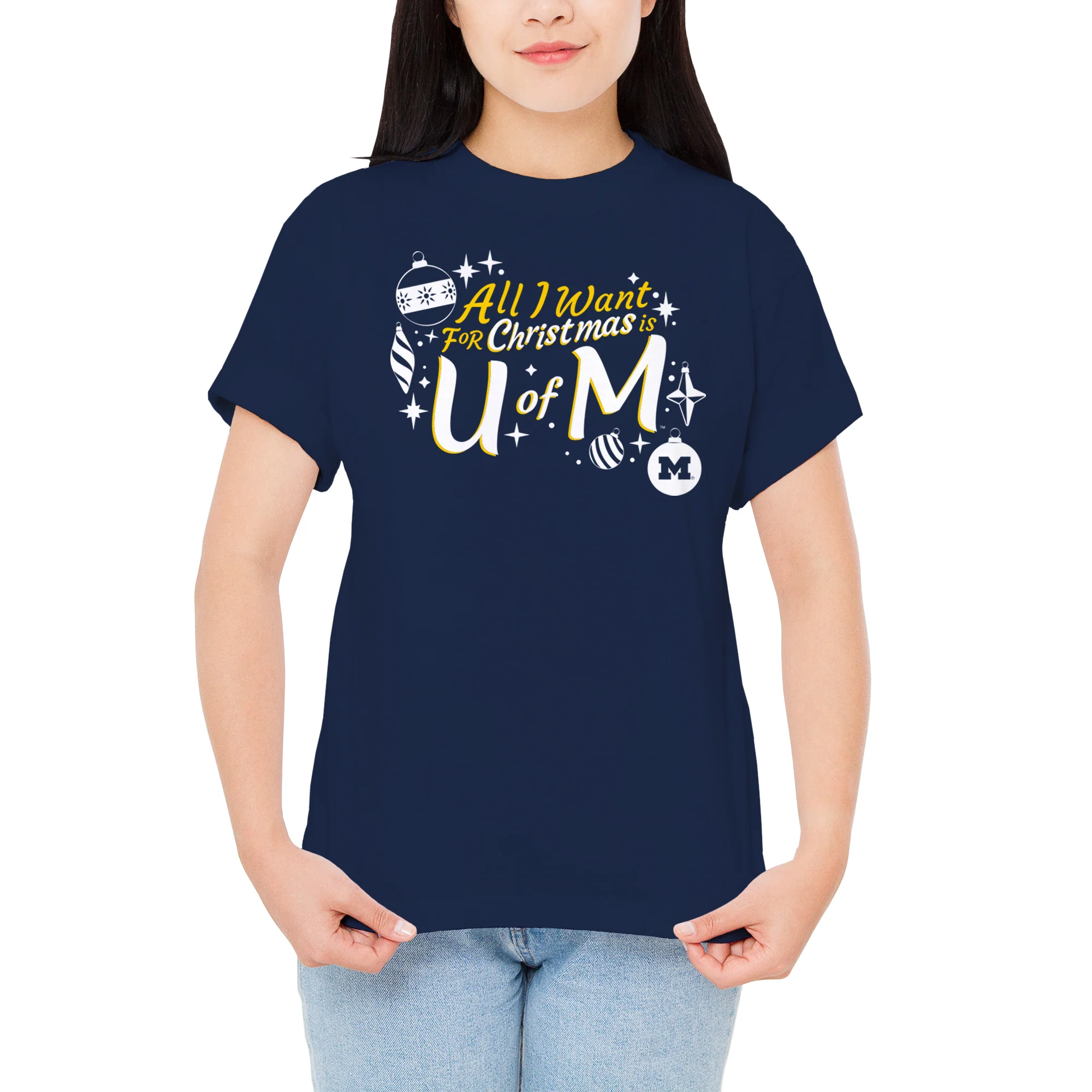 Michigan Wolverines All I Want For Christmas Is U of M T Shirt - Navy - Image 5