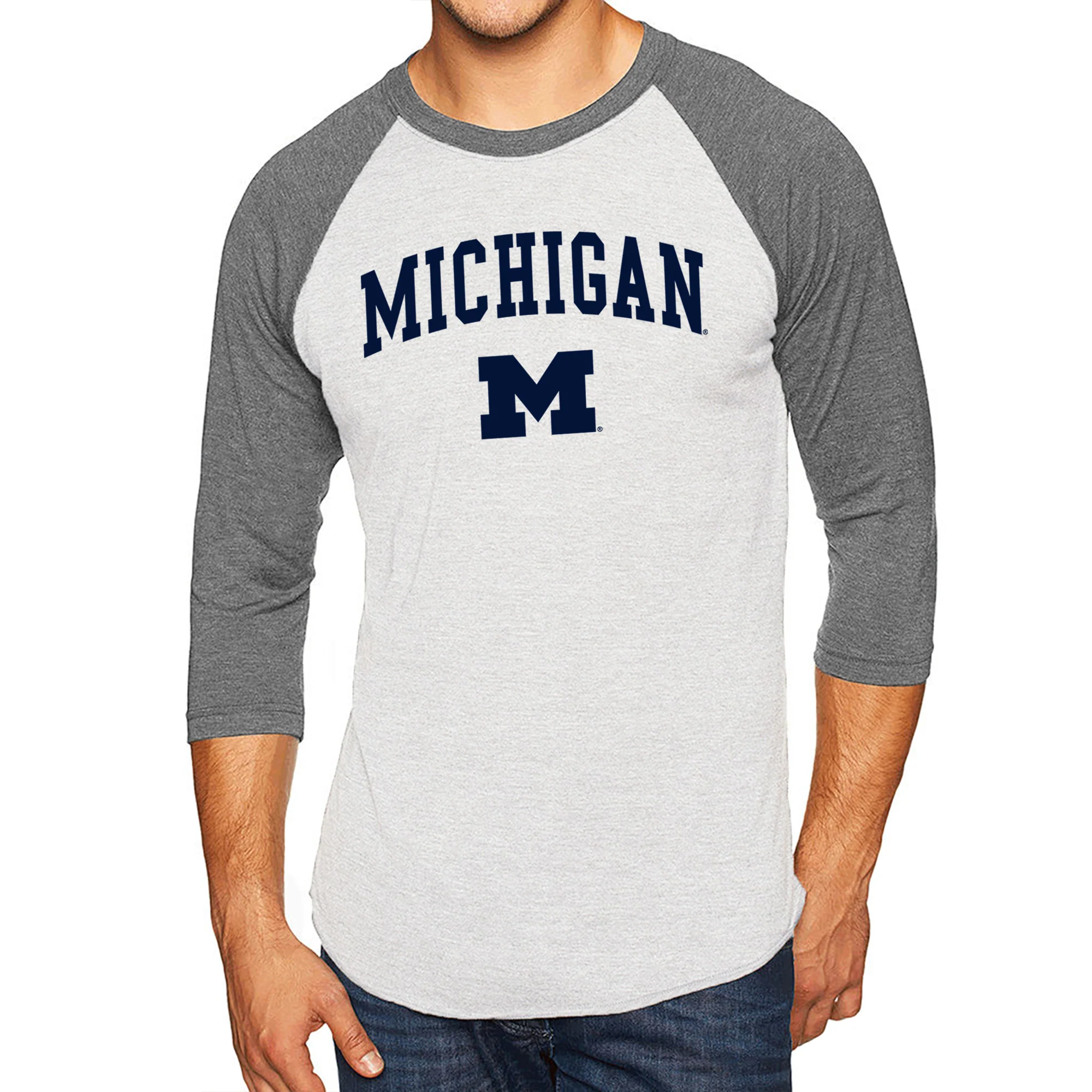 Michigan Wolverines Arch Logo 3/4-Sleeve Raglan - Htr White/Prem Htr - Image 3